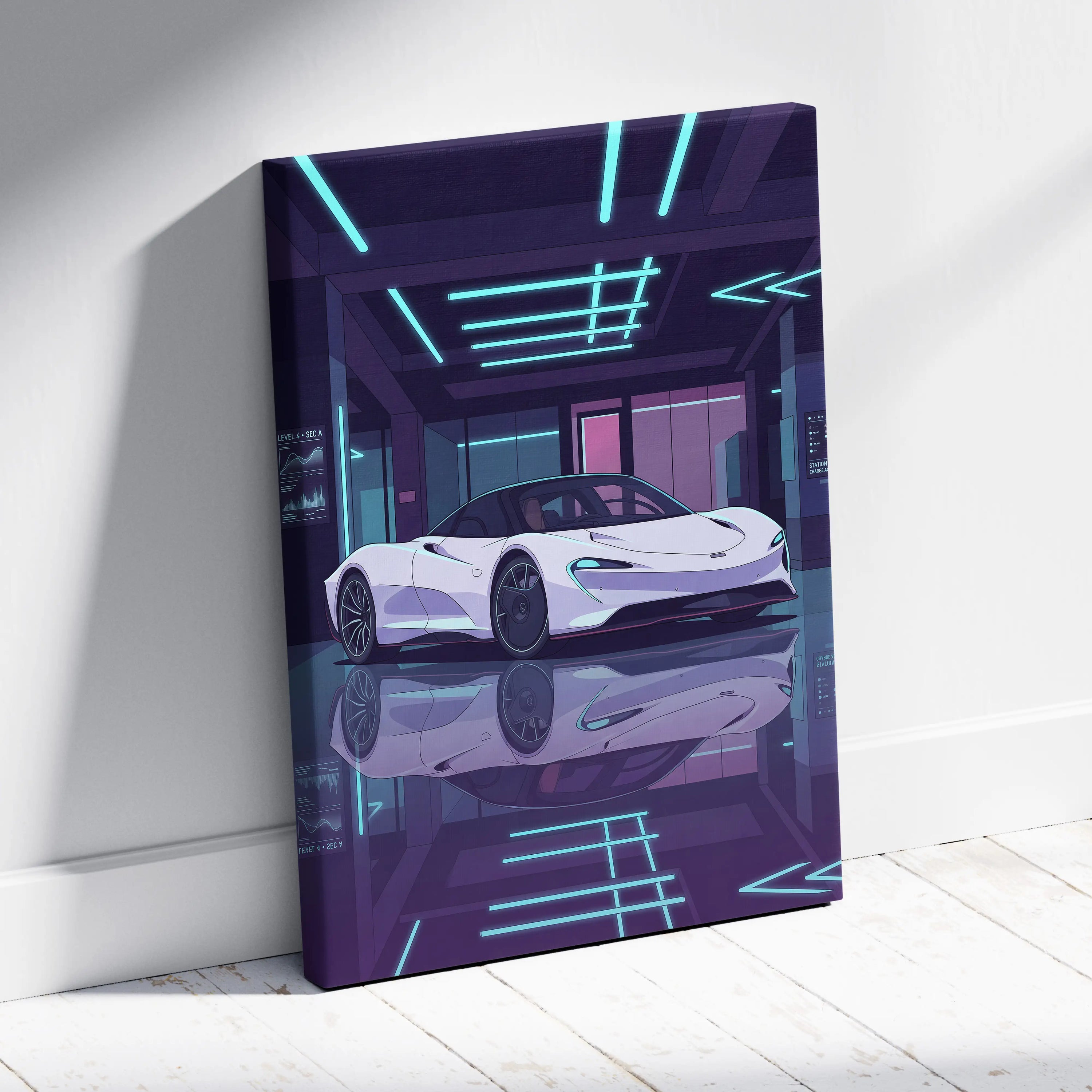 McLaren Speedtail Inspired White Purple Canvas Wall Art, Vaporwave Supercar Artwork, Neon Modern Garage Decor, Retro Futuristic Exotic Print