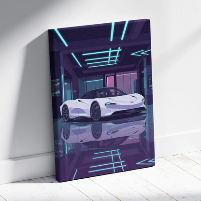 McLaren Speedtail Inspired White Purple Canvas Wall Art, Vaporwave Supercar Artwork, Neon Modern Garage Decor, Retro Futuristic Exotic Print