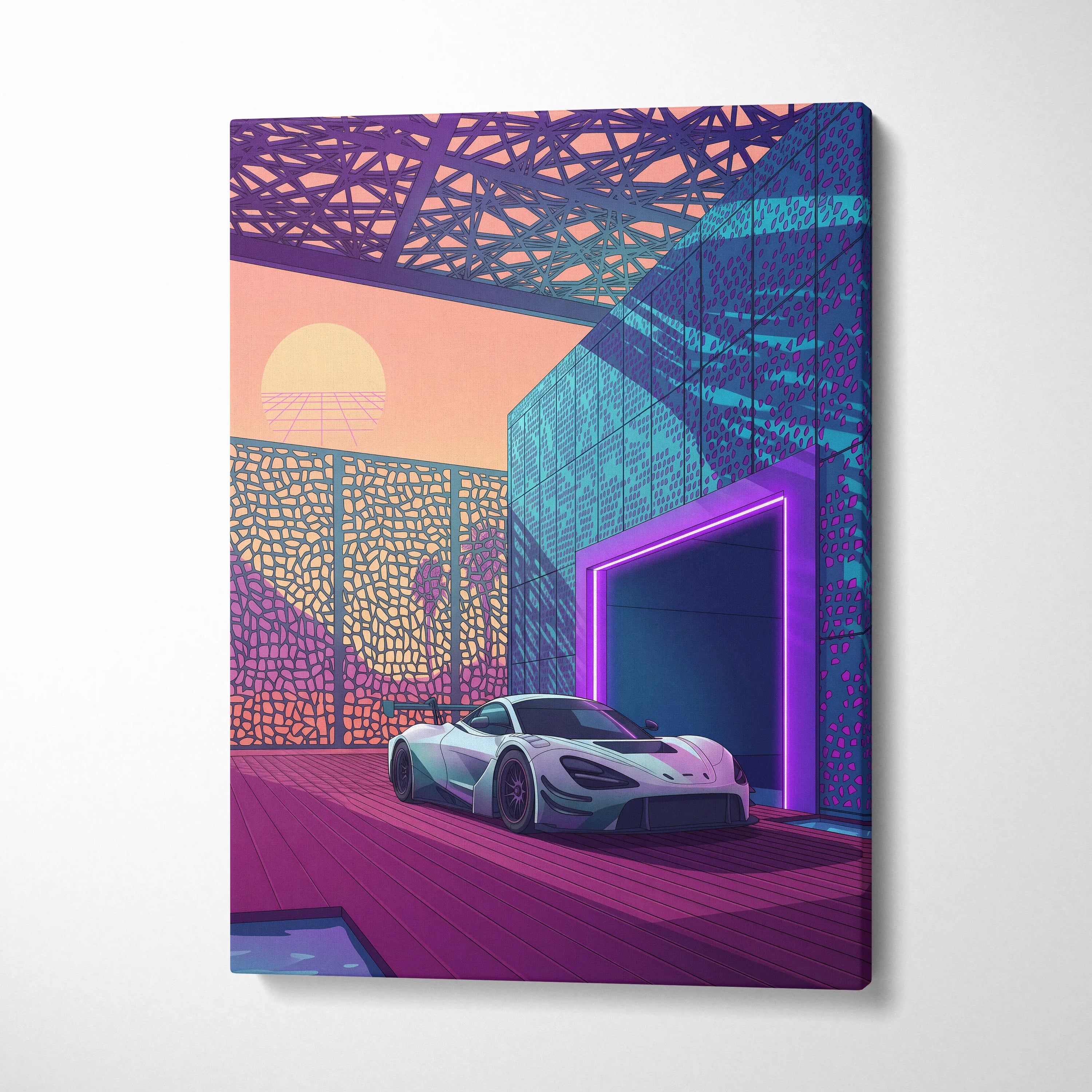 McLaren 720S GT3 Inspired White Purple Canvas Wall Art, Vaporwave Supercar Artwork, Neon Modern Garage Decor, Retro Futuristic Exotic Print