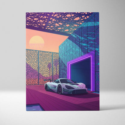 McLaren 720S GT3 Inspired White Purple Canvas Wall Art, Vaporwave Supercar Artwork, Neon Modern Garage Decor, Retro Futuristic Exotic Print