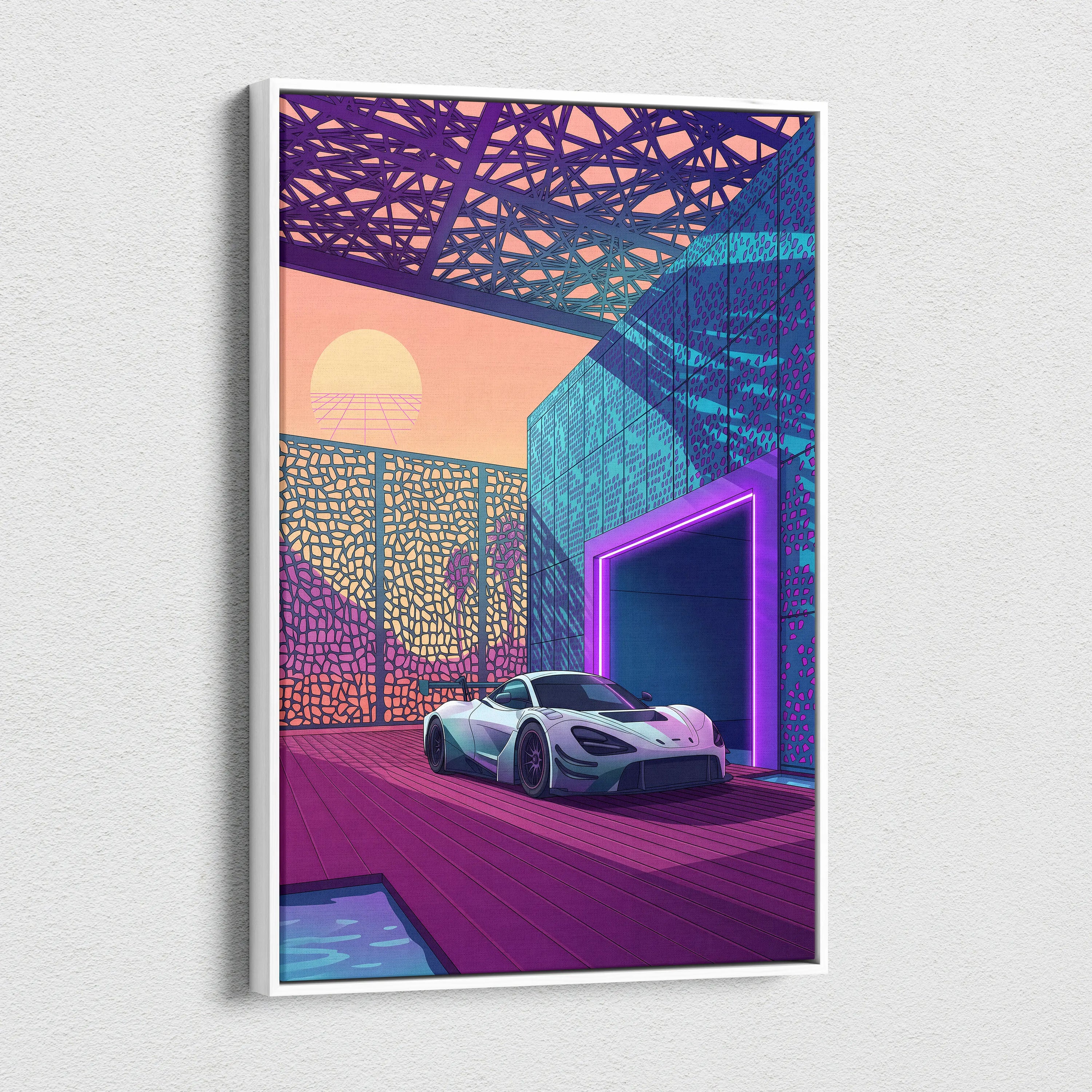 McLaren 720S GT3 Inspired White Purple Canvas Wall Art, Vaporwave Supercar Artwork, Neon Modern Garage Decor, Retro Futuristic Exotic Print