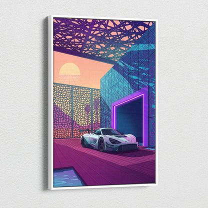 McLaren 720S GT3 Inspired White Purple Canvas Wall Art, Vaporwave Supercar Artwork, Neon Modern Garage Decor, Retro Futuristic Exotic Print