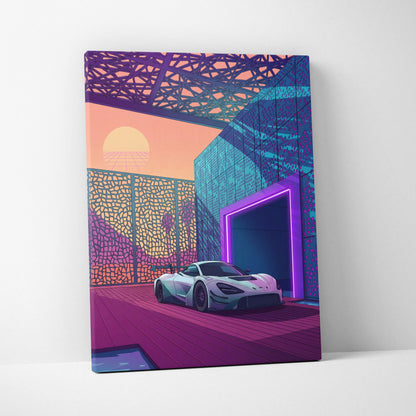 McLaren 720S GT3 Inspired White Purple Canvas Wall Art, Vaporwave Supercar Artwork, Neon Modern Garage Decor, Retro Futuristic Exotic Print