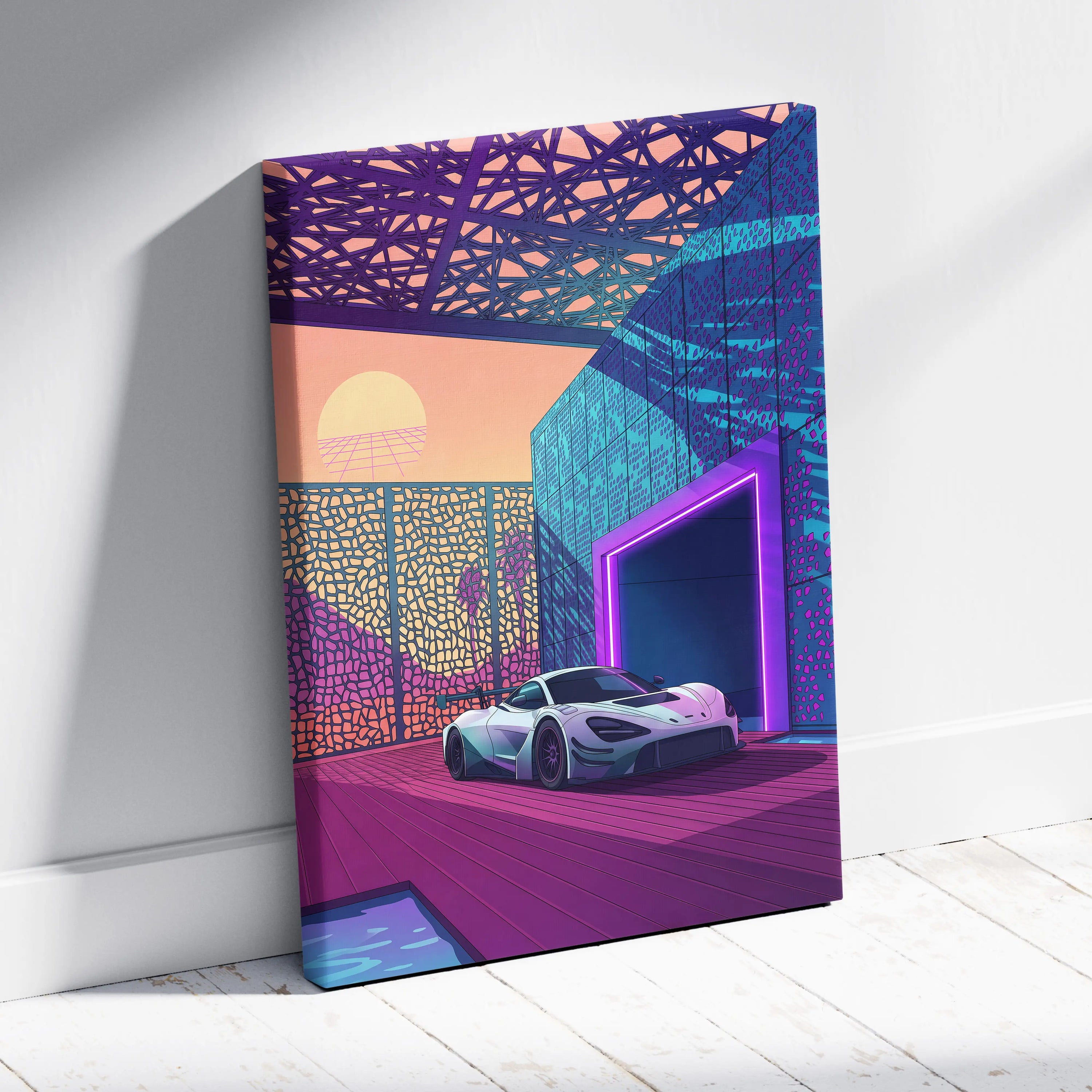 McLaren 720S GT3 Inspired White Purple Canvas Wall Art, Vaporwave Supercar Artwork, Neon Modern Garage Decor, Retro Futuristic Exotic Print
