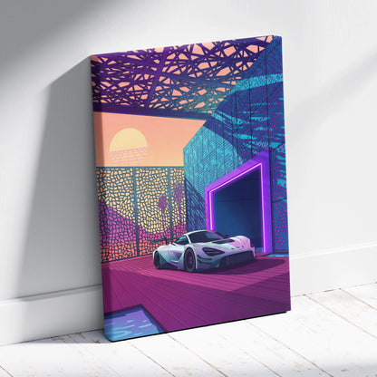 McLaren 720S GT3 Inspired White Purple Canvas Wall Art, Vaporwave Supercar Artwork, Neon Modern Garage Decor, Retro Futuristic Exotic Print