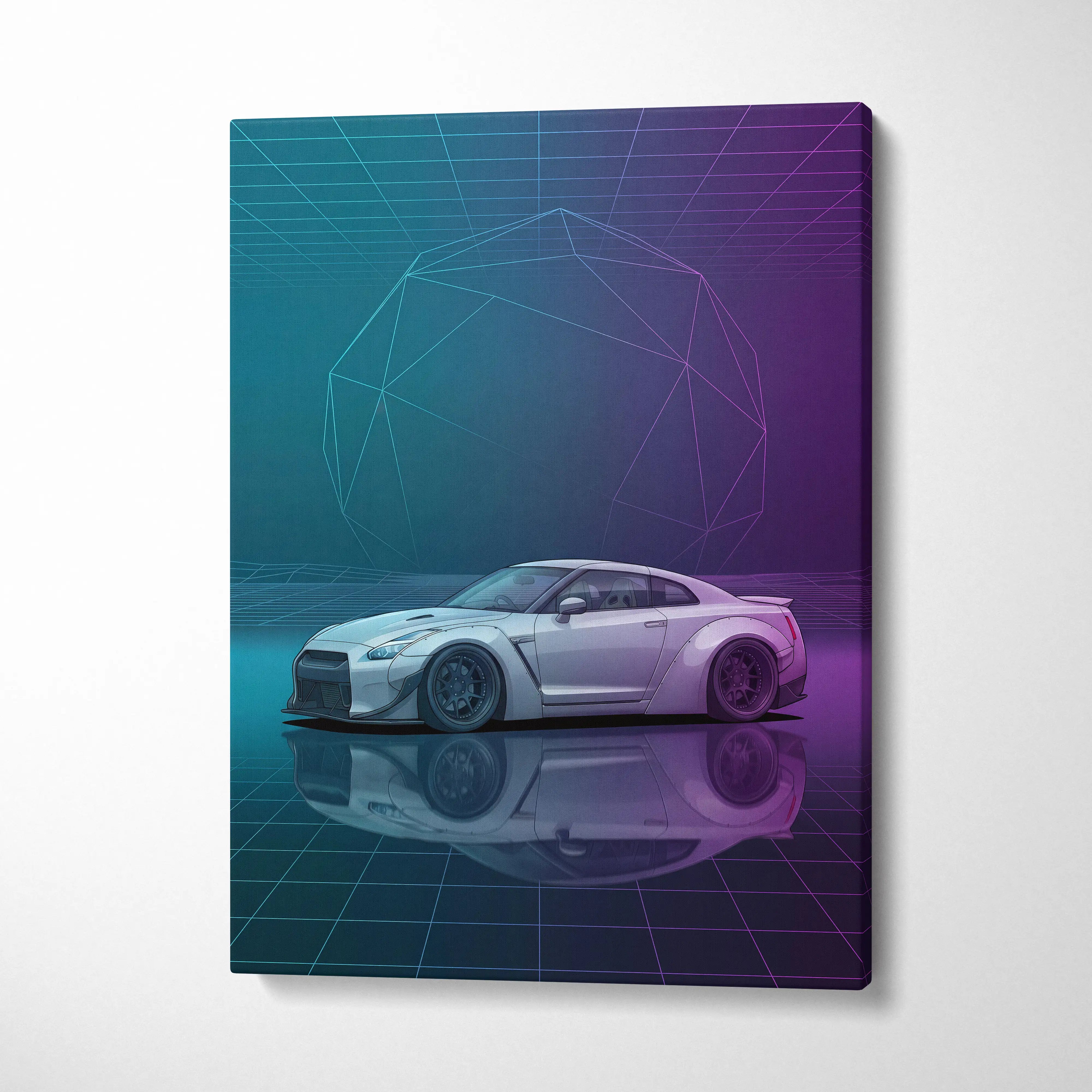 Nissan GT-R R35 Inspired White Purple Canvas Wall Art Vaporwave Neon Grid JDM Car Artwork, Cyberpunk Garage Decor
