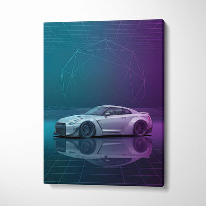 Nissan GT-R R35 Inspired White Purple Canvas Wall Art Vaporwave Neon Grid JDM Car Artwork, Cyberpunk Garage Decor