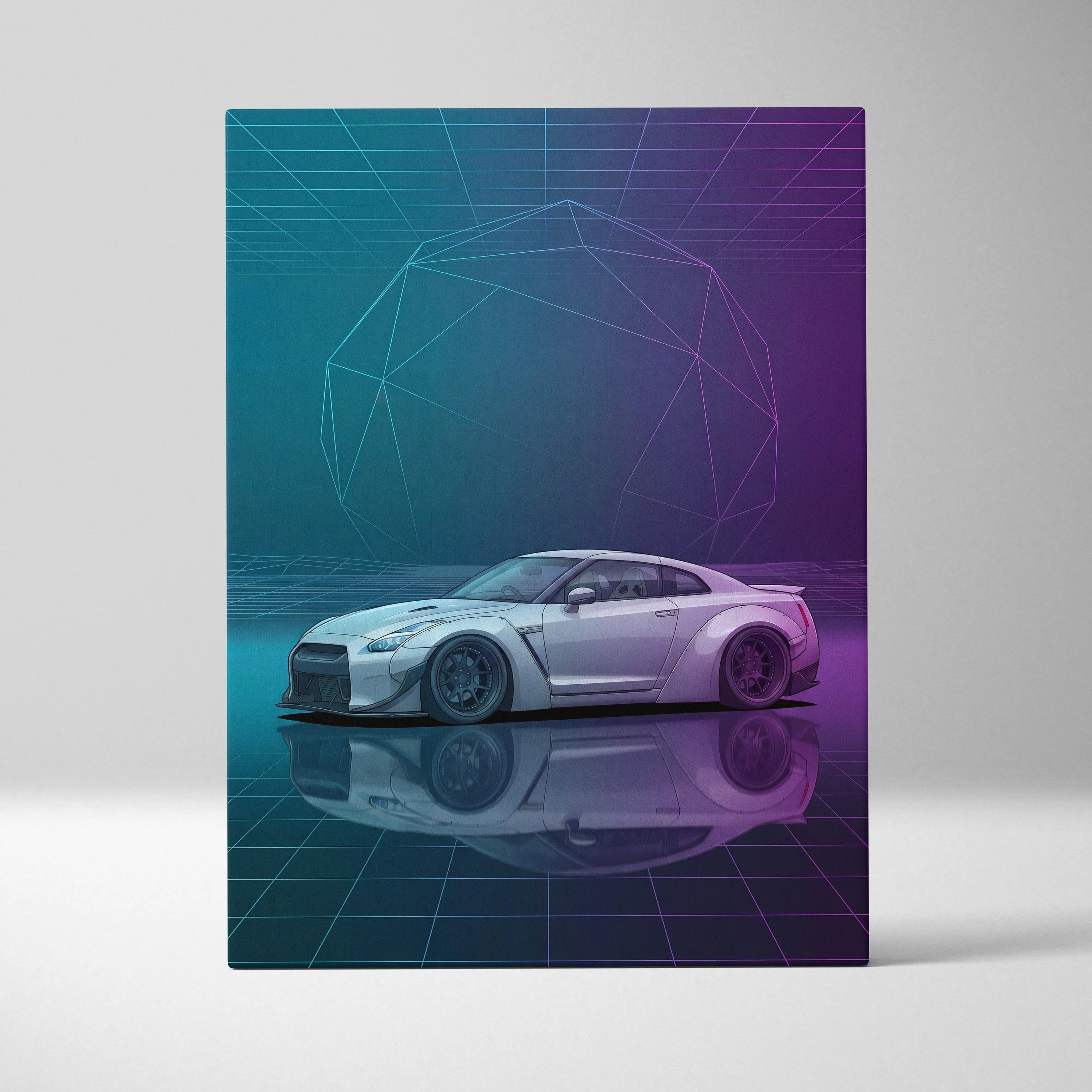 Nissan GT-R R35 Inspired White Purple Canvas Wall Art Vaporwave Neon Grid JDM Car Artwork, Cyberpunk Garage Decor