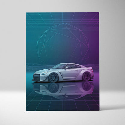 Nissan GT-R R35 Inspired White Purple Canvas Wall Art Vaporwave Neon Grid JDM Car Artwork, Cyberpunk Garage Decor