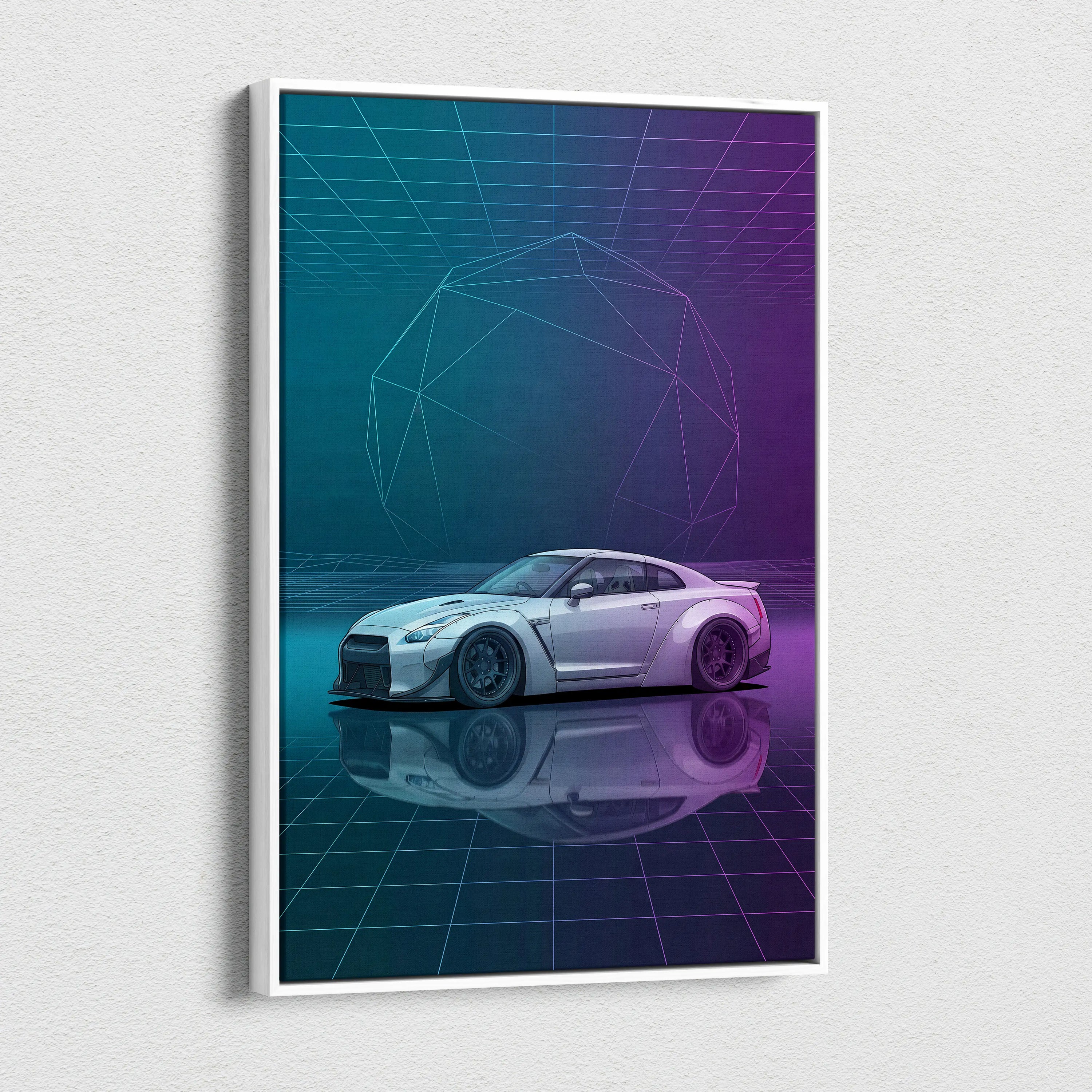 Nissan GT-R R35 Inspired White Purple Canvas Wall Art Vaporwave Neon Grid JDM Car Artwork, Cyberpunk Garage Decor