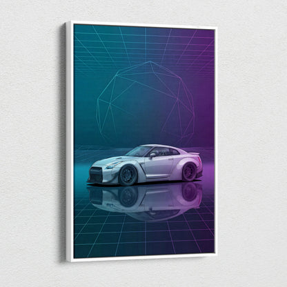 Nissan GT-R R35 Inspired White Purple Canvas Wall Art Vaporwave Neon Grid JDM Car Artwork, Cyberpunk Garage Decor