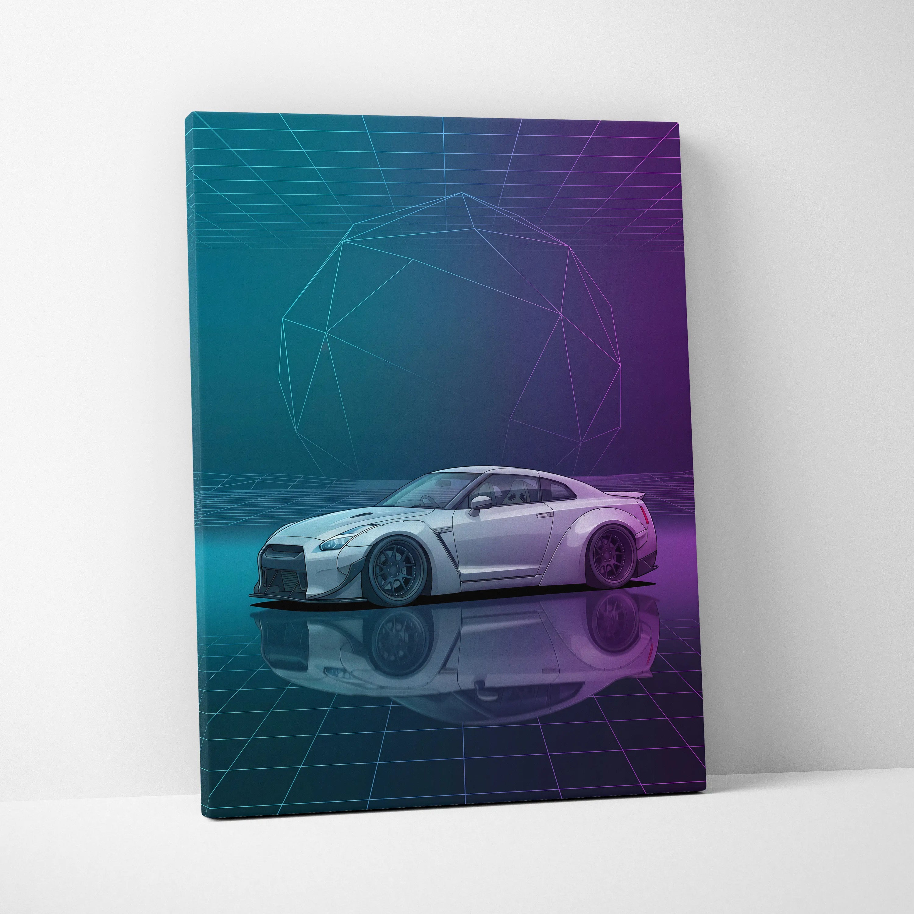 Nissan GT-R R35 Inspired White Purple Canvas Wall Art Vaporwave Neon Grid JDM Car Artwork, Cyberpunk Garage Decor