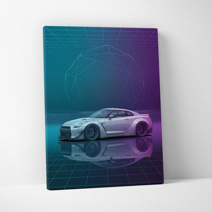 Nissan GT-R R35 Inspired White Purple Canvas Wall Art Vaporwave Neon Grid JDM Car Artwork, Cyberpunk Garage Decor