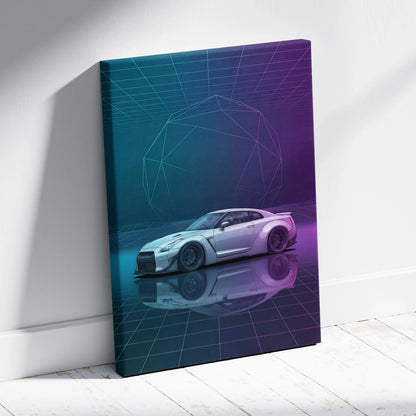 Nissan GT-R R35 Inspired White Purple Canvas Wall Art Vaporwave Neon Grid JDM Car Artwork, Cyberpunk Garage Decor