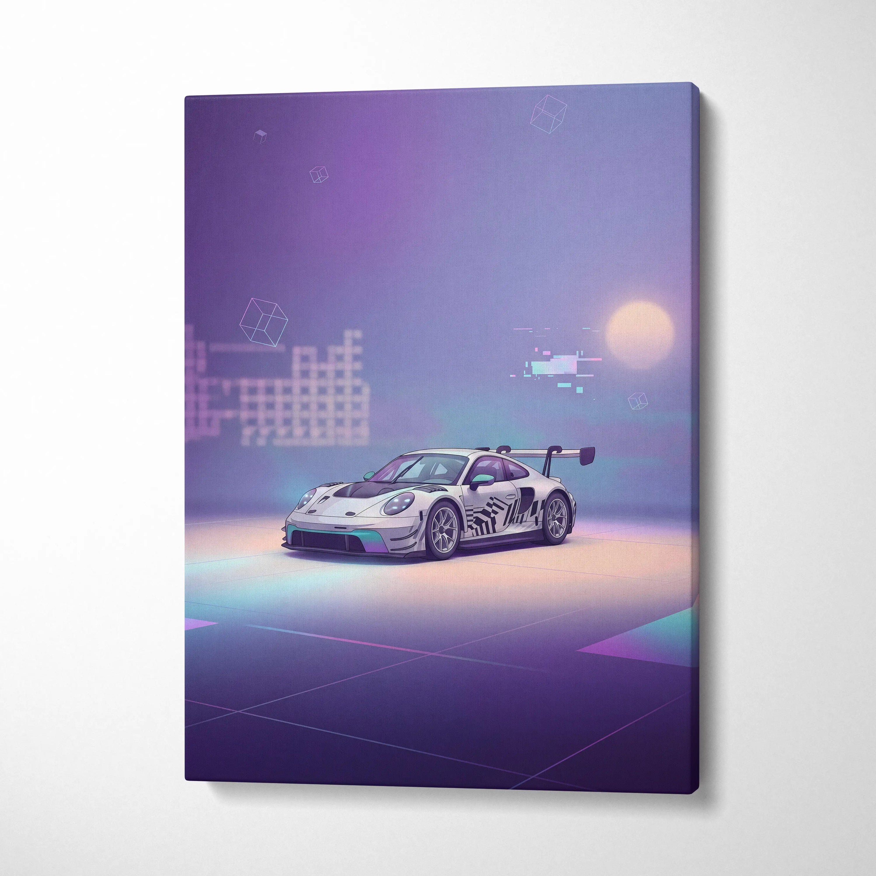 Porsche 911 GT3 RS Inspired White Purple Canvas Wall Art Vaporwave Dreamy Sports Car Artwork, Soft Neon Garage Decor
