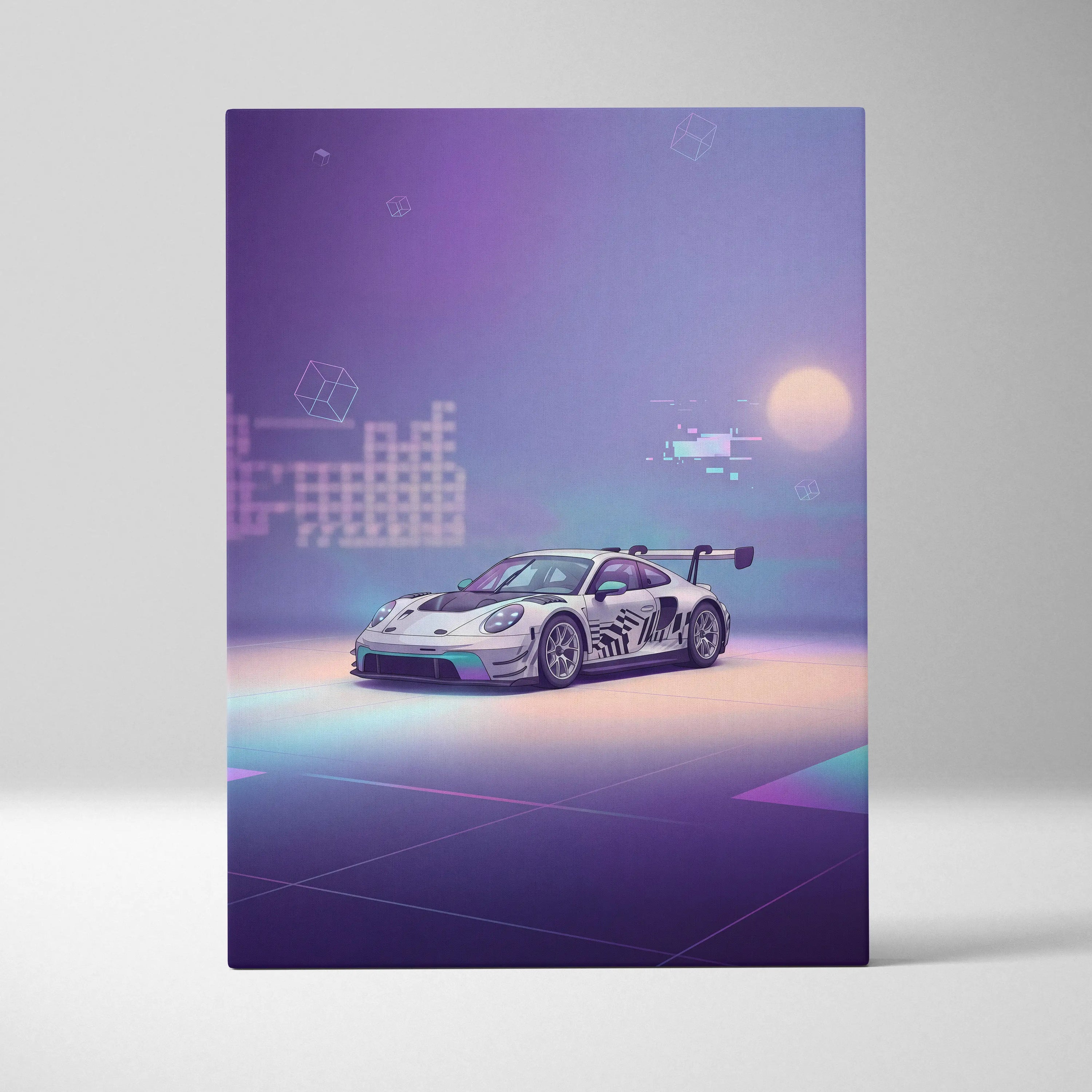 Porsche 911 GT3 RS Inspired White Purple Canvas Wall Art Vaporwave Dreamy Sports Car Artwork, Soft Neon Garage Decor