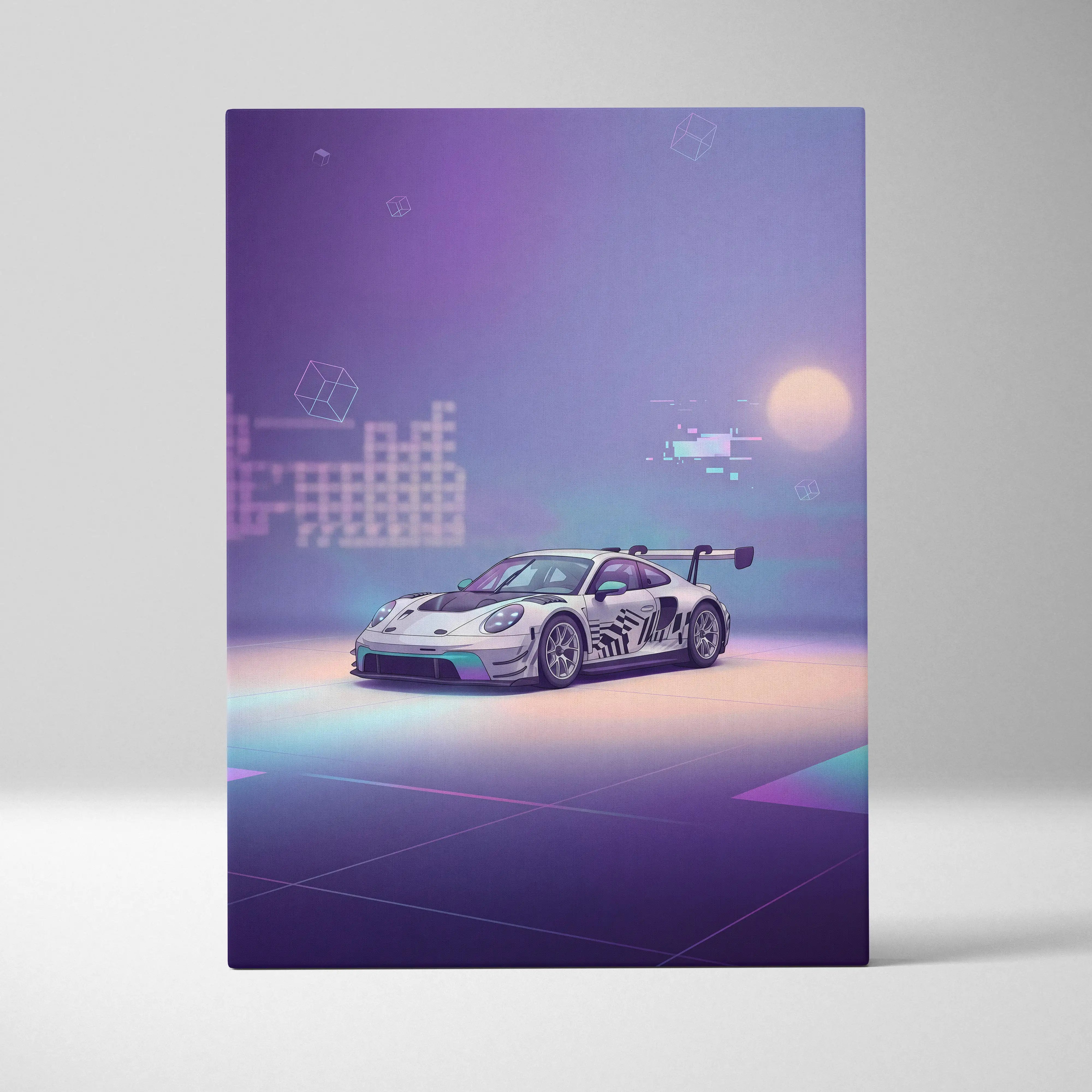Porsche 911 GT3 RS Inspired White Purple Canvas Wall Art Vaporwave Dreamy Sports Car Artwork, Soft Neon Garage Decor