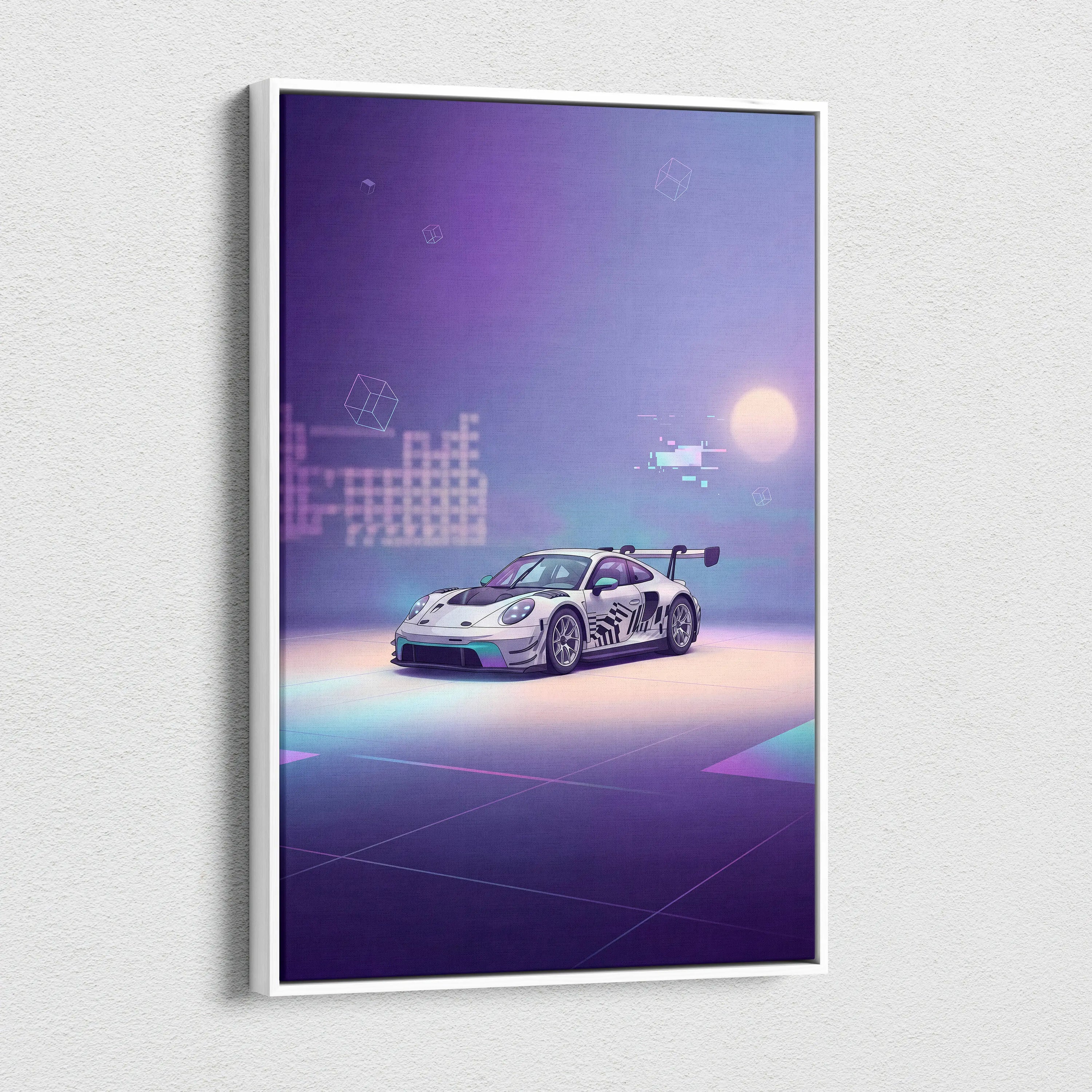 Porsche 911 GT3 RS Inspired White Purple Canvas Wall Art Vaporwave Dreamy Sports Car Artwork, Soft Neon Garage Decor