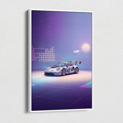 Porsche 911 GT3 RS Inspired White Purple Canvas Wall Art Vaporwave Dreamy Sports Car Artwork, Soft Neon Garage Decor