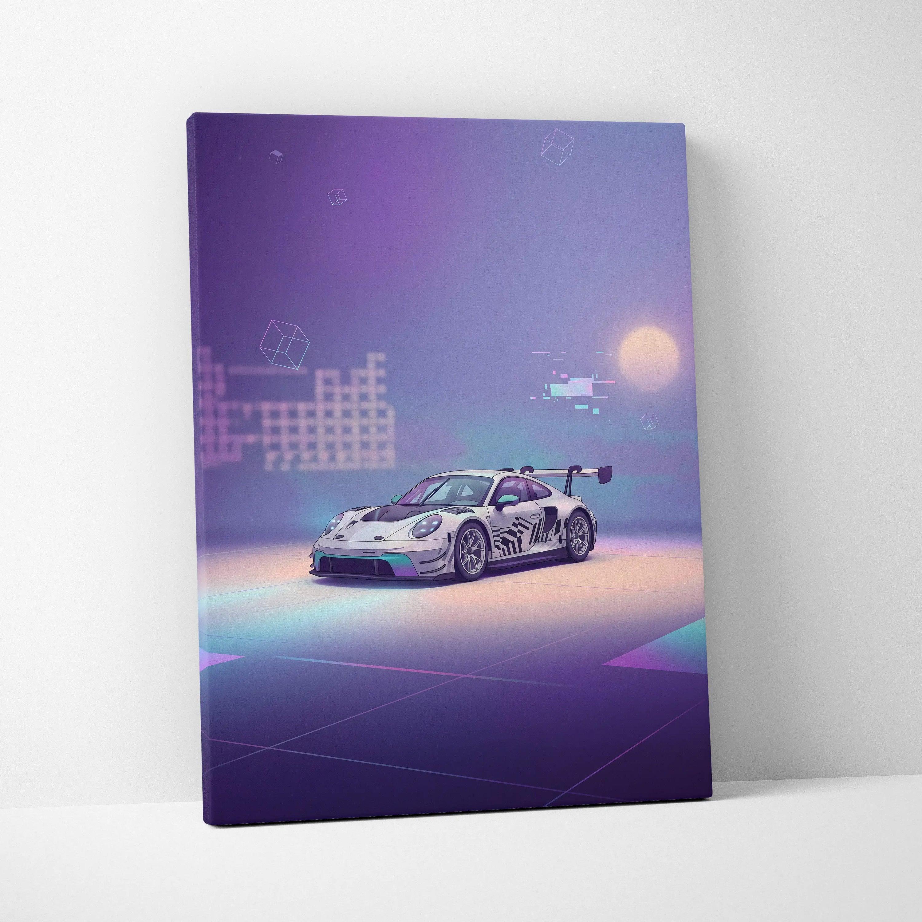 Porsche 911 GT3 RS Inspired White Purple Canvas Wall Art Vaporwave Dreamy Sports Car Artwork, Soft Neon Garage Decor
