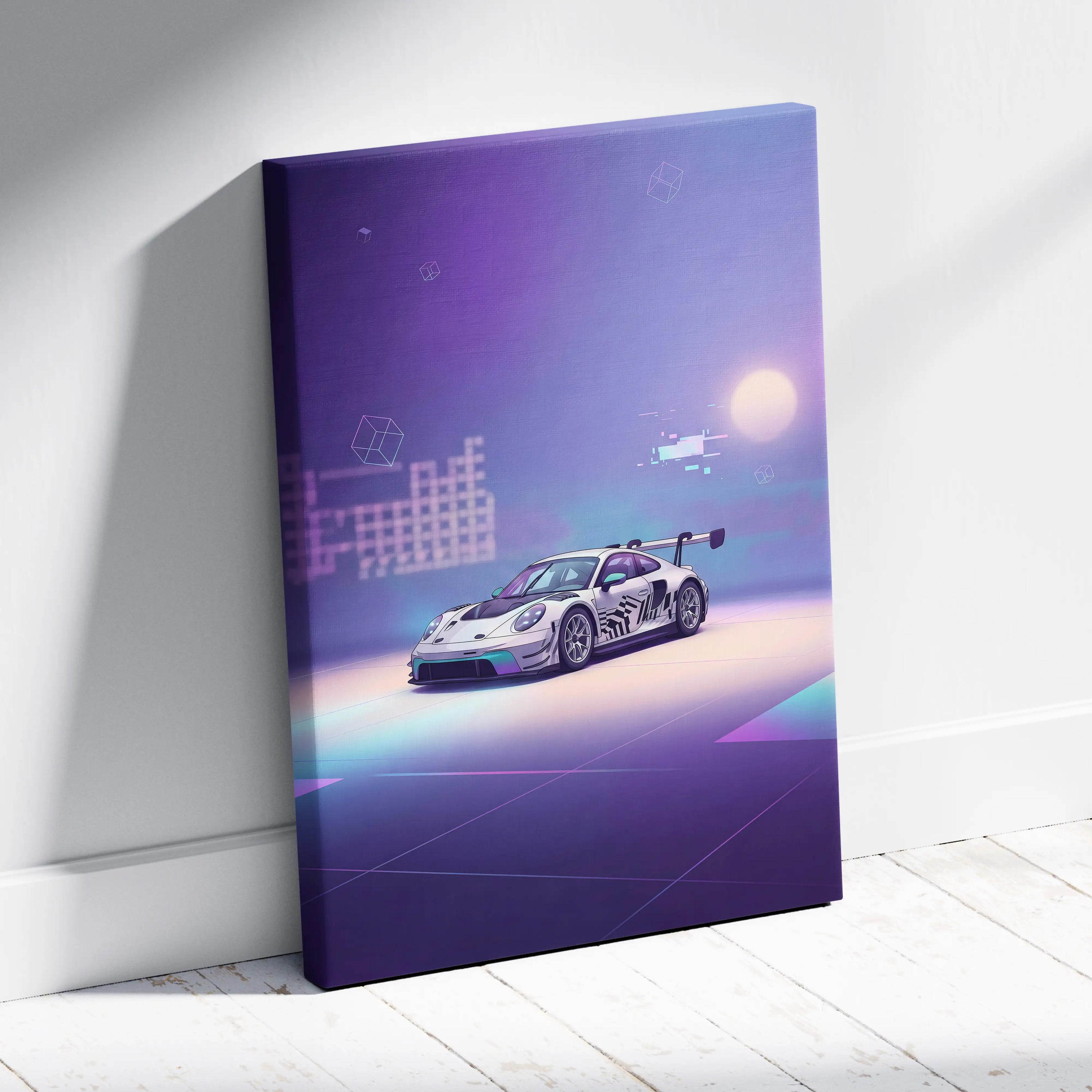Porsche 911 GT3 RS Inspired White Purple Canvas Wall Art Vaporwave Dreamy Sports Car Artwork, Soft Neon Garage Decor