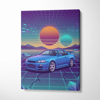 Nissan Skyline GT-R R34 Inspired Blue Purple Canvas Wall Art Vaporwave Neon Grid JDM Car Artwork, Retro Sunset Garage Decor