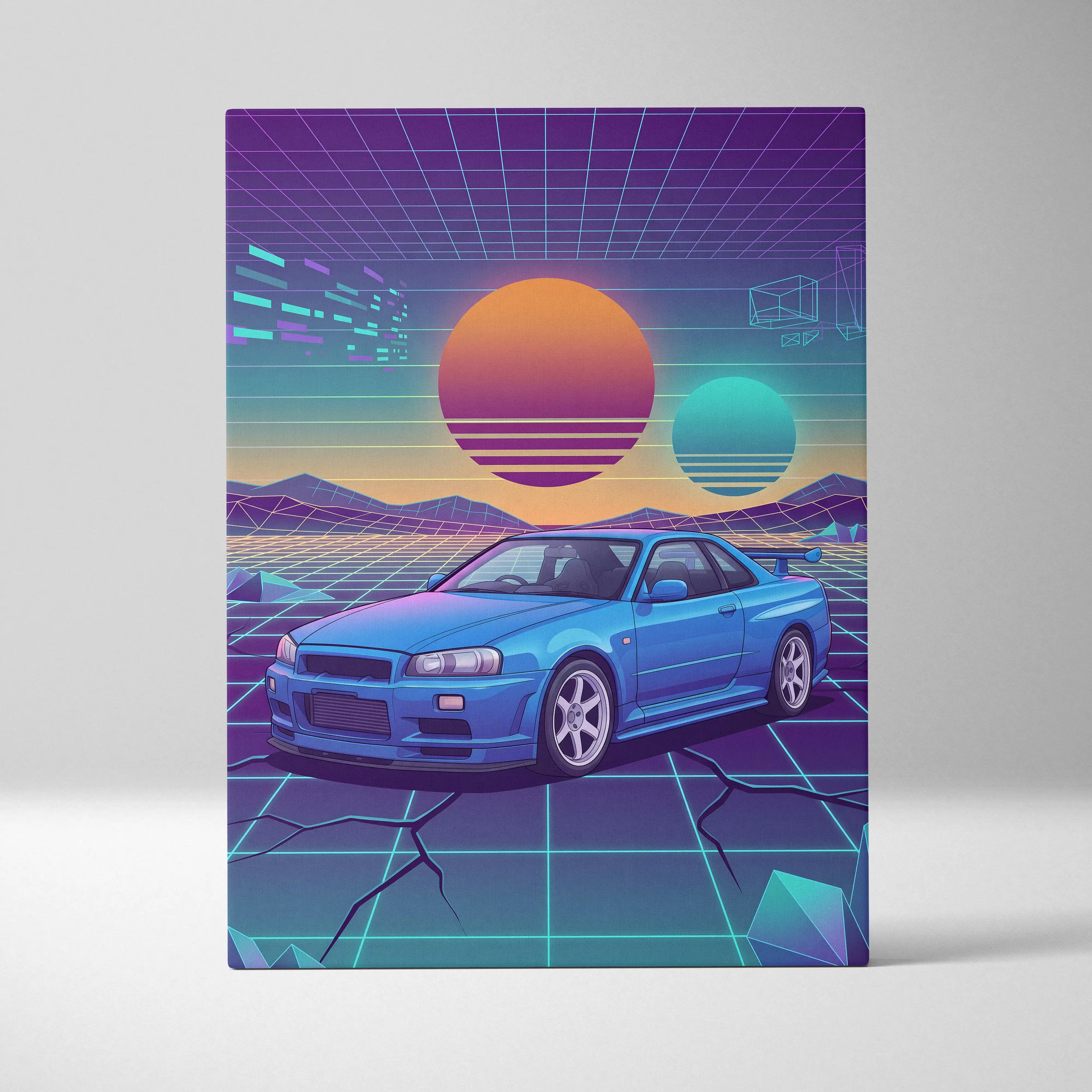 Nissan Skyline GT-R R34 Inspired Blue Purple Canvas Wall Art Vaporwave Neon Grid JDM Car Artwork, Retro Sunset Garage Decor