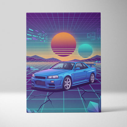 Nissan Skyline GT-R R34 Inspired Blue Purple Canvas Wall Art Vaporwave Neon Grid JDM Car Artwork, Retro Sunset Garage Decor