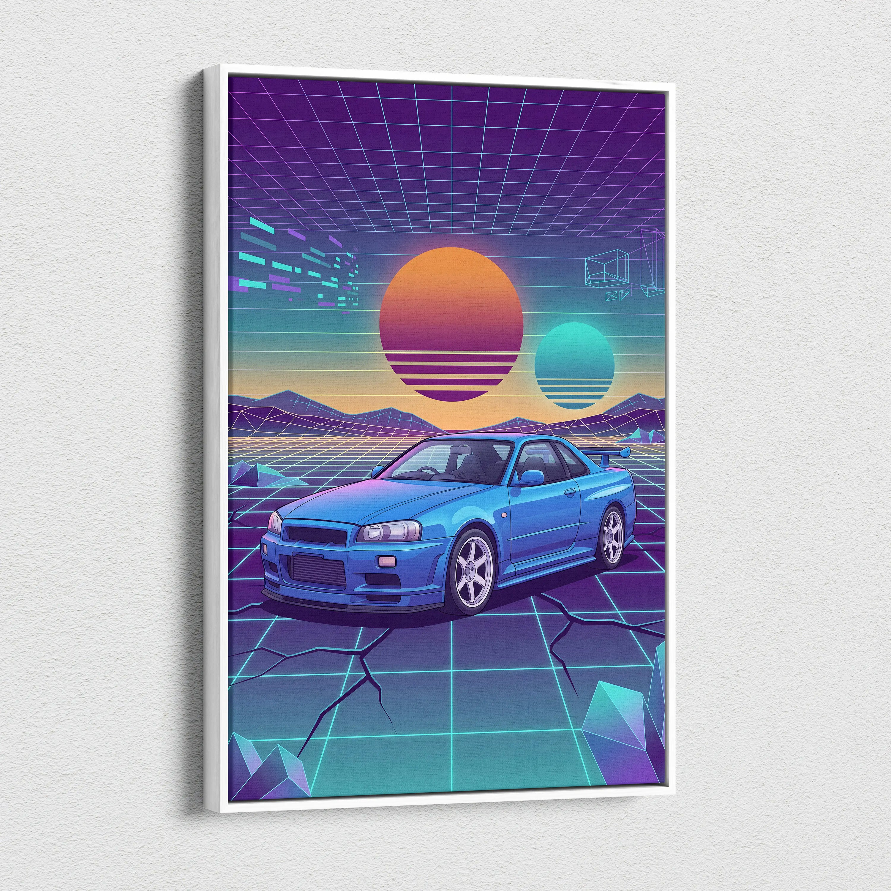 Nissan Skyline GT-R R34 Inspired Blue Purple Canvas Wall Art Vaporwave Neon Grid JDM Car Artwork, Retro Sunset Garage Decor