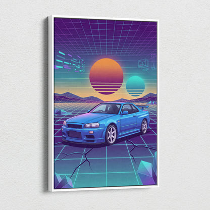 Nissan Skyline GT-R R34 Inspired Blue Purple Canvas Wall Art Vaporwave Neon Grid JDM Car Artwork, Retro Sunset Garage Decor