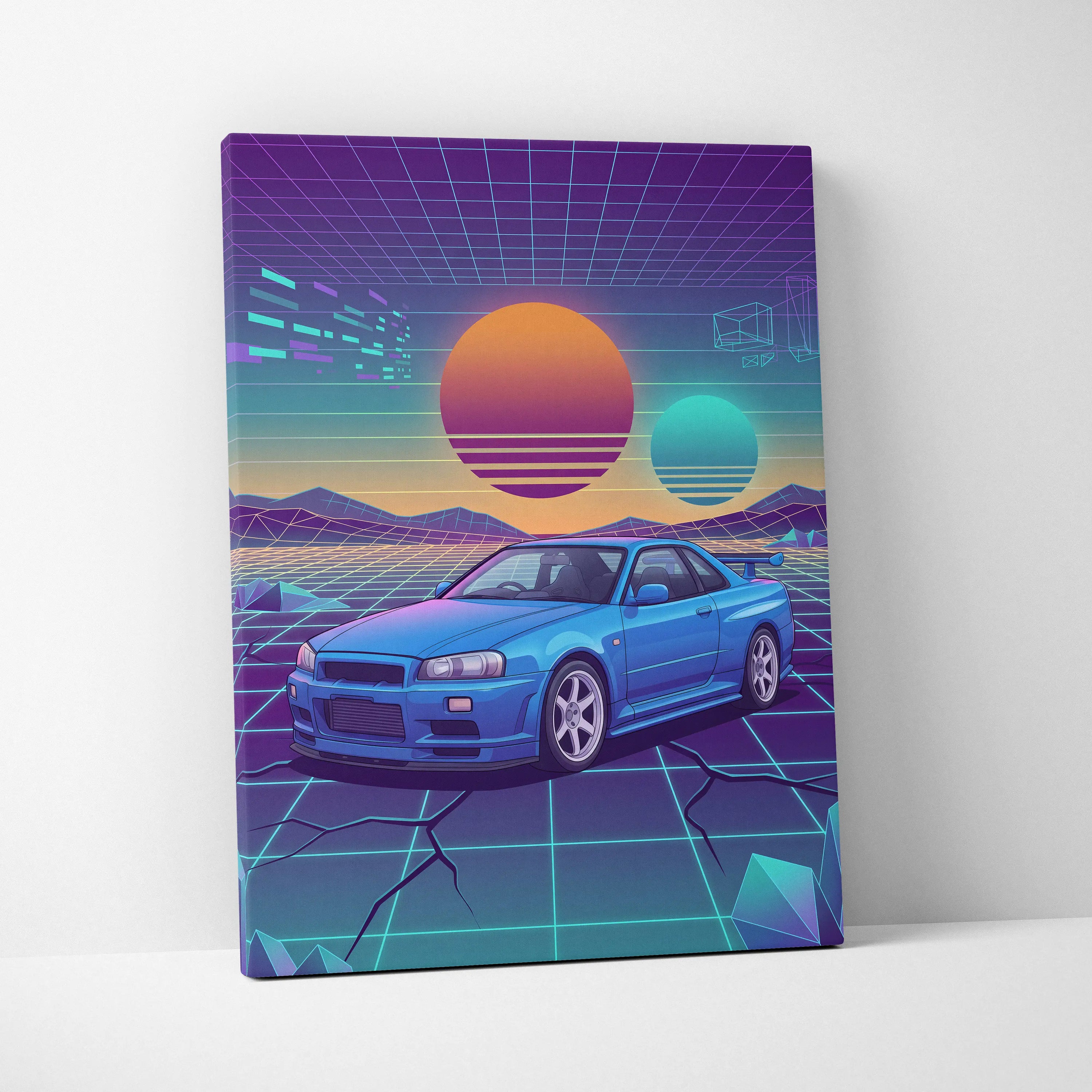 Nissan Skyline GT-R R34 Inspired Blue Purple Canvas Wall Art Vaporwave Neon Grid JDM Car Artwork, Retro Sunset Garage Decor