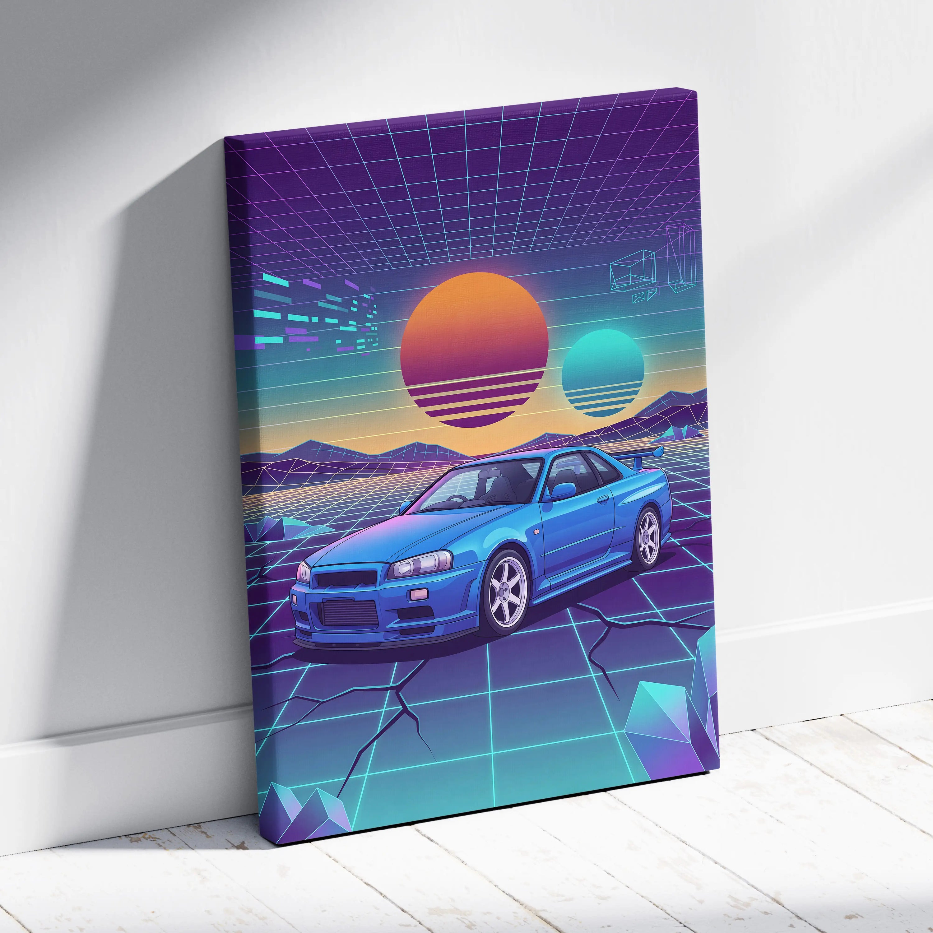 Nissan Skyline GT-R R34 Inspired Blue Purple Canvas Wall Art Vaporwave Neon Grid JDM Car Artwork, Retro Sunset Garage Decor
