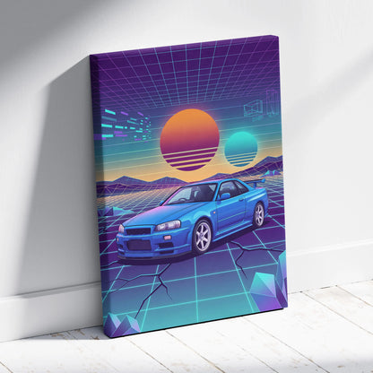 Nissan Skyline GT-R R34 Inspired Blue Purple Canvas Wall Art Vaporwave Neon Grid JDM Car Artwork, Retro Sunset Garage Decor