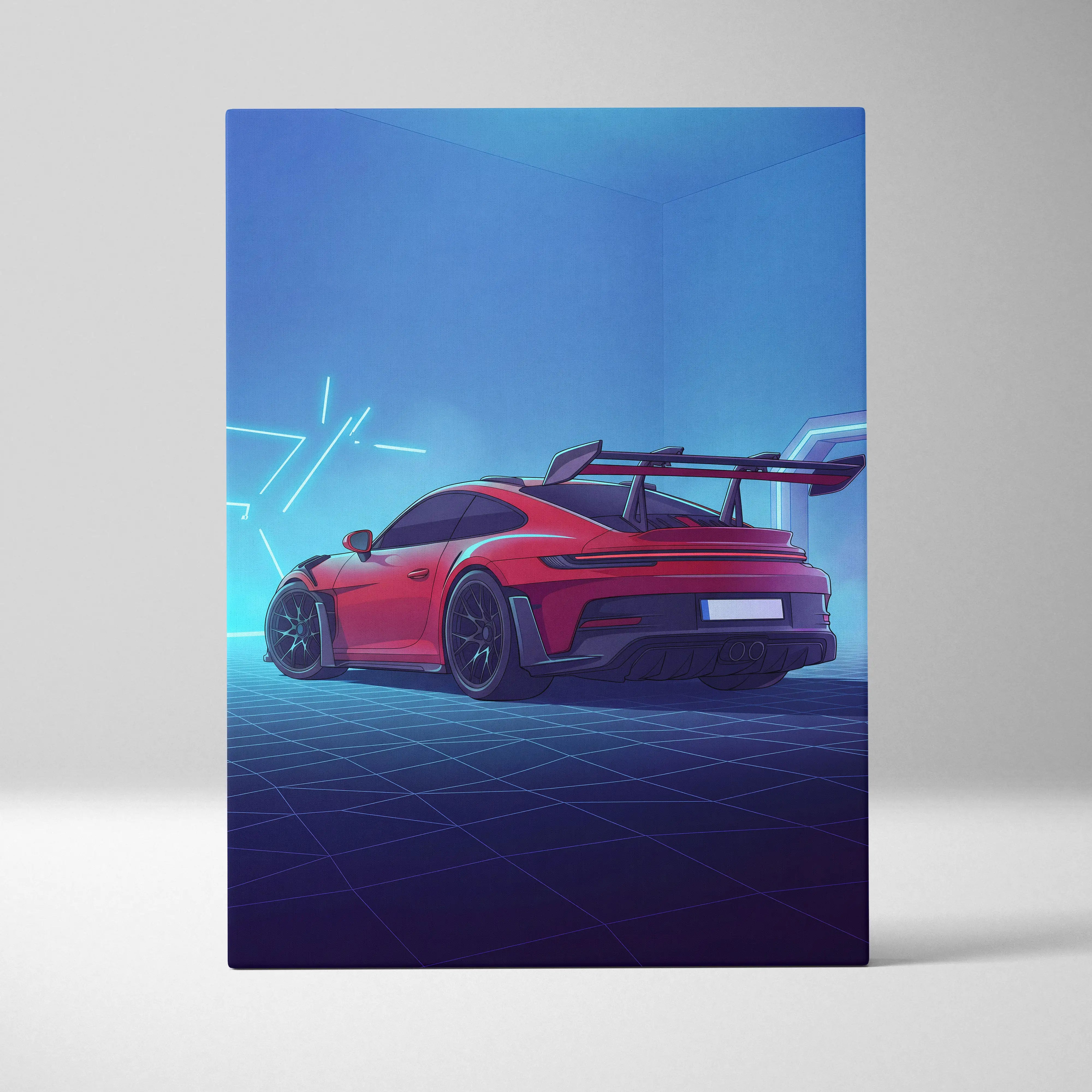 Porsche 911 GT3 RS Inspired Red Blue Canvas Wall Art Vaporwave Neon Garage Sports Car Artwork, Cyberpunk Grid Motorsport Decor