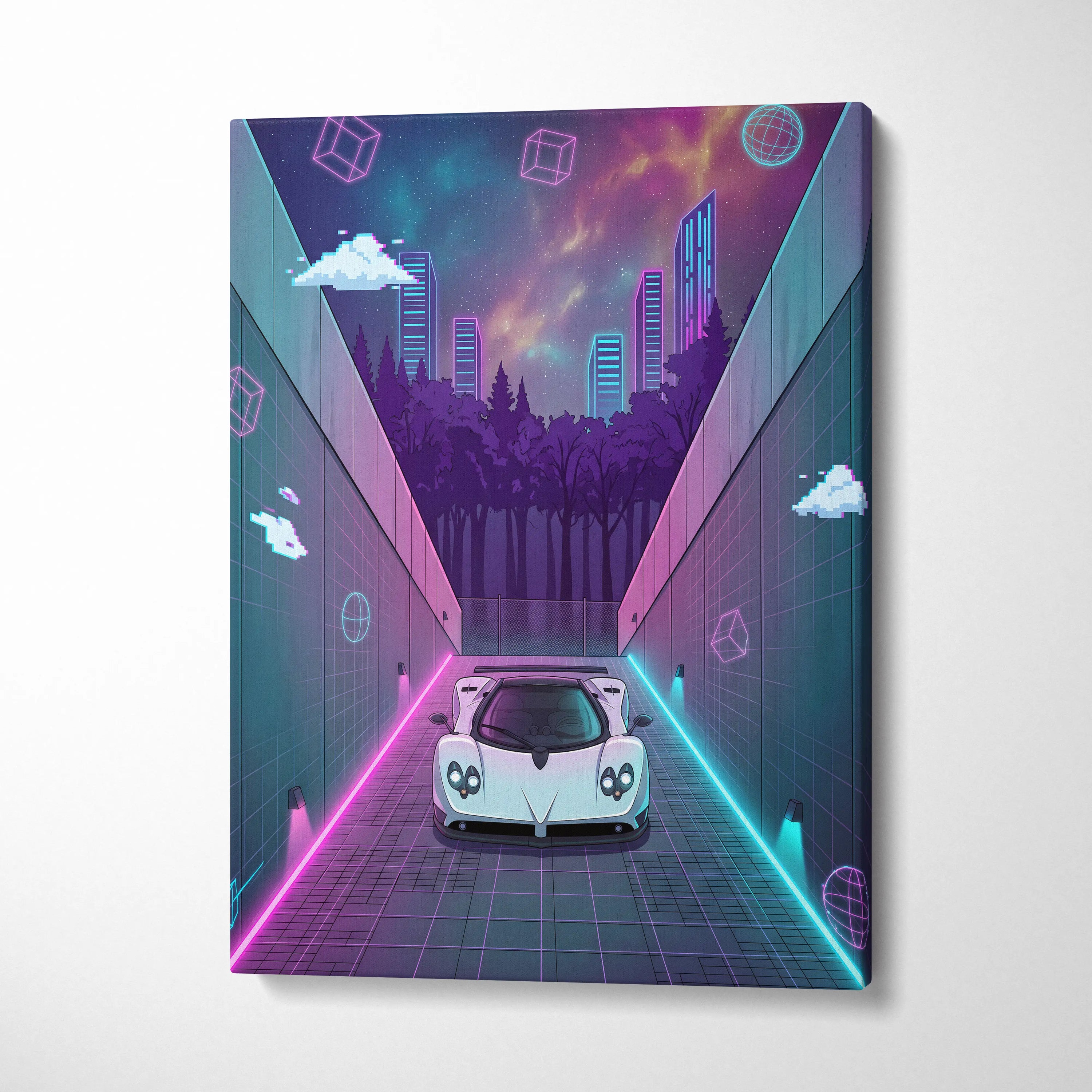 Pagani Zonda Inspired White Purple Canvas Wall Art Vaporwave Neon Alley Hypercar Artwork, Cyberpunk City Garage Decor