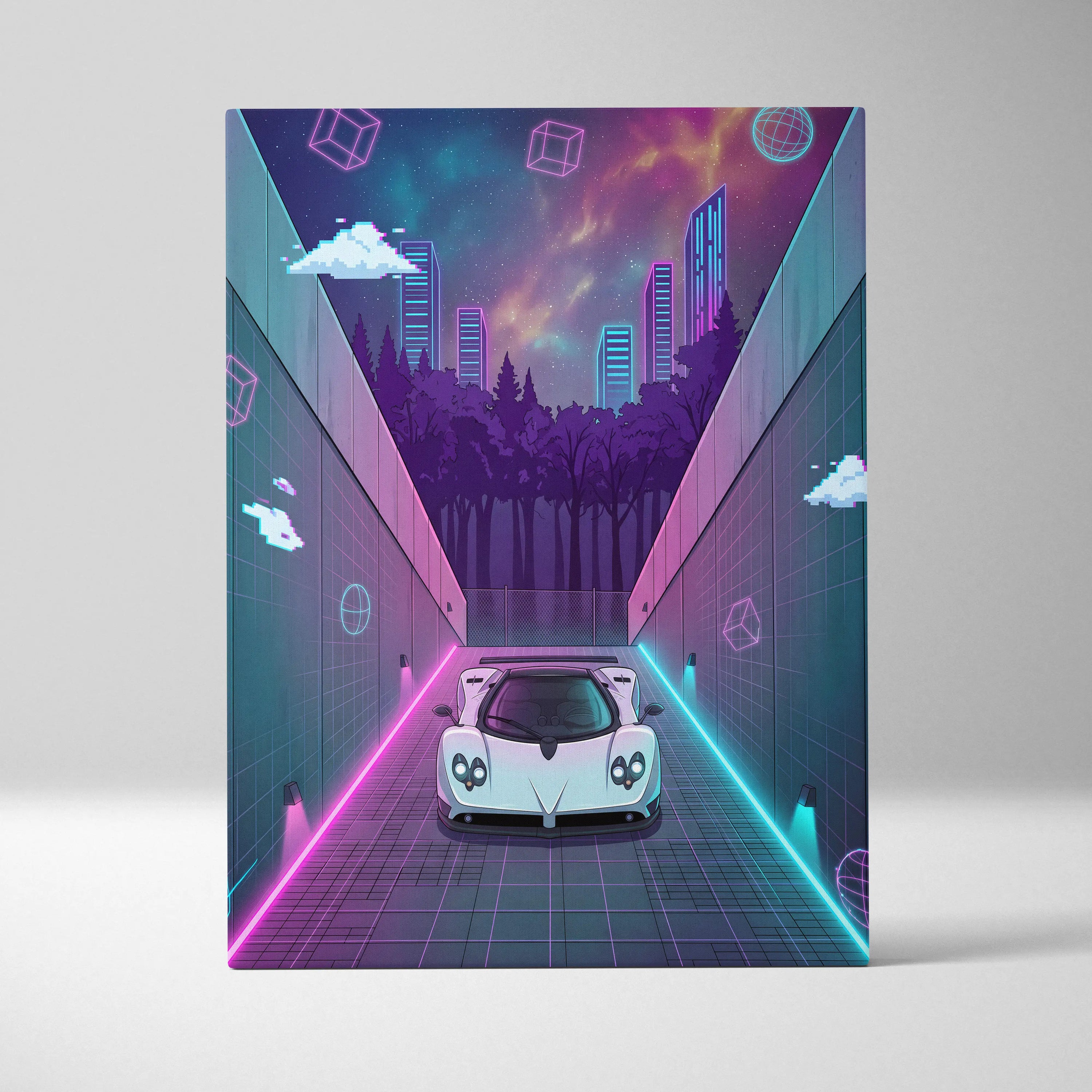 Pagani Zonda Inspired White Purple Canvas Wall Art Vaporwave Neon Alley Hypercar Artwork, Cyberpunk City Garage Decor