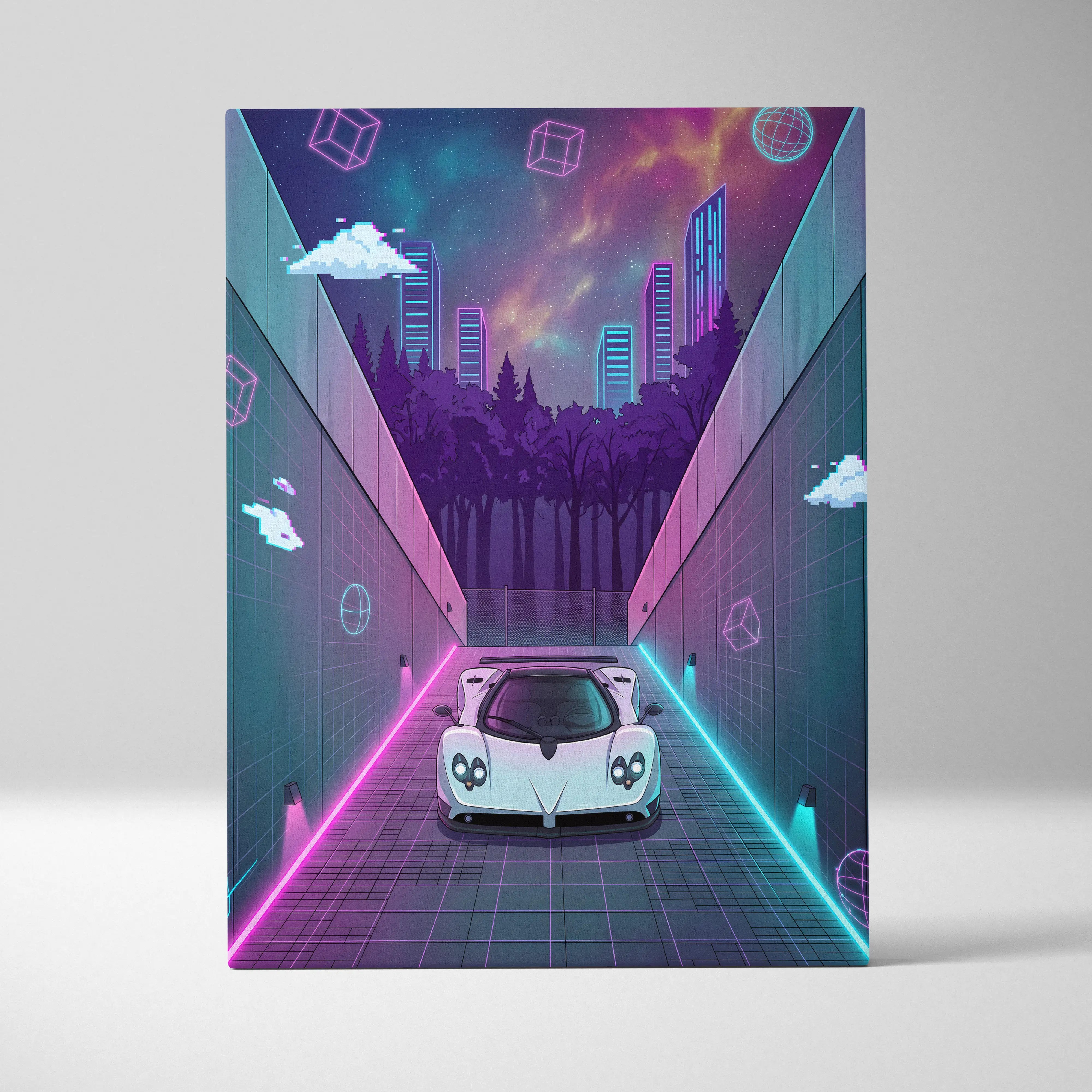 Pagani Zonda Inspired White Purple Canvas Wall Art Vaporwave Neon Alley Hypercar Artwork, Cyberpunk City Garage Decor