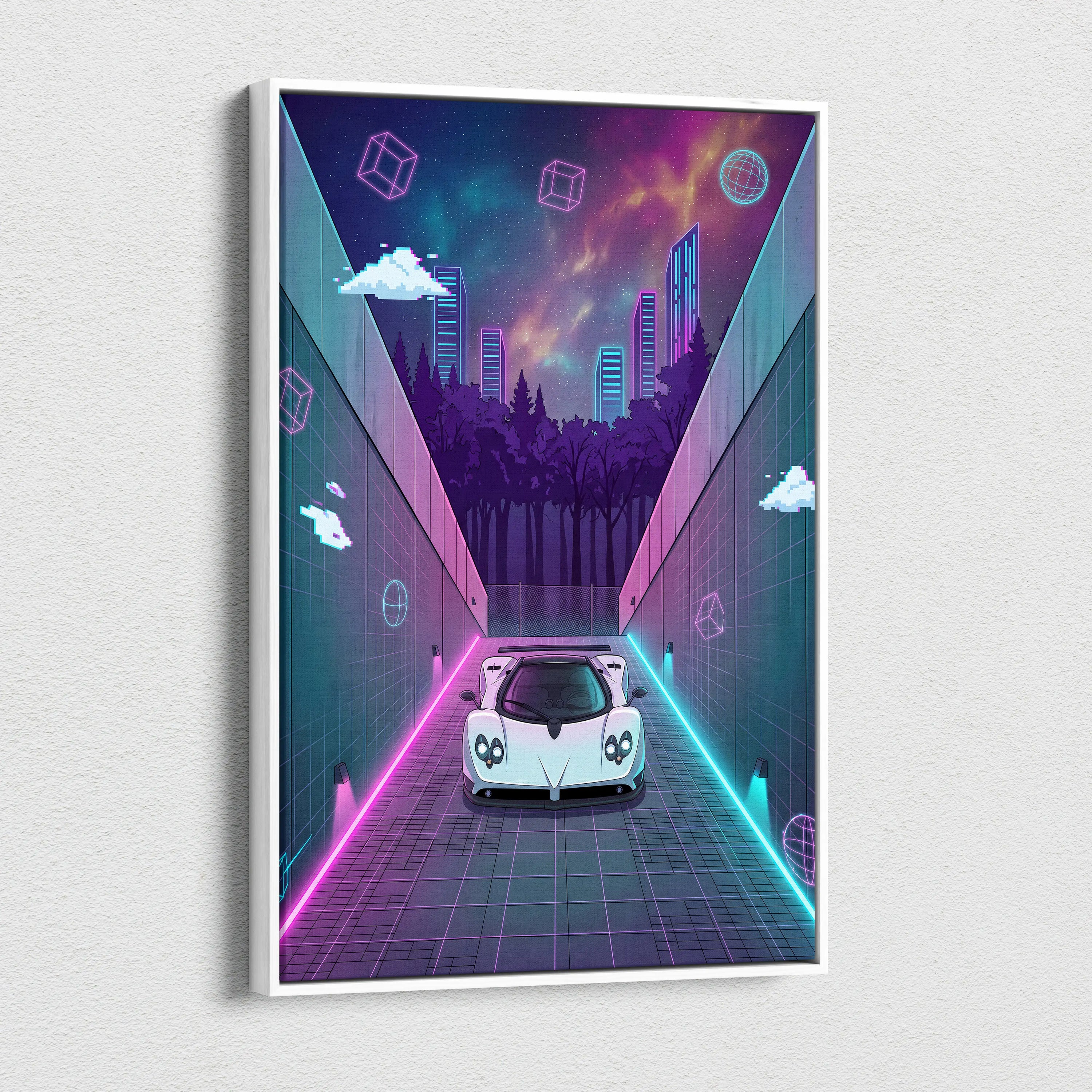 Pagani Zonda Inspired White Purple Canvas Wall Art Vaporwave Neon Alley Hypercar Artwork, Cyberpunk City Garage Decor