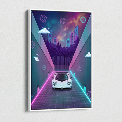 Pagani Zonda Inspired White Purple Canvas Wall Art Vaporwave Neon Alley Hypercar Artwork, Cyberpunk City Garage Decor