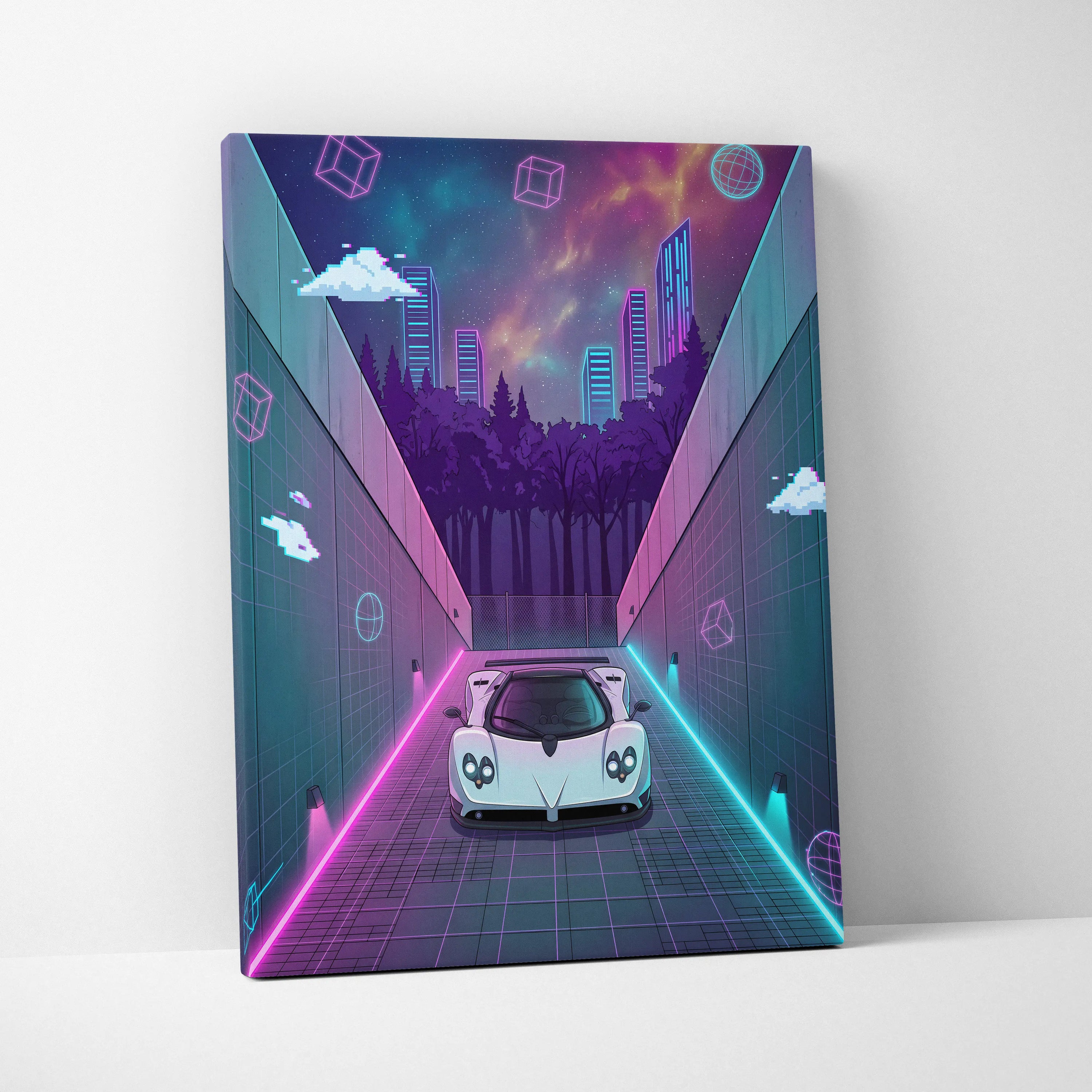 Pagani Zonda Inspired White Purple Canvas Wall Art Vaporwave Neon Alley Hypercar Artwork, Cyberpunk City Garage Decor