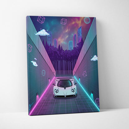 Pagani Zonda Inspired White Purple Canvas Wall Art Vaporwave Neon Alley Hypercar Artwork, Cyberpunk City Garage Decor