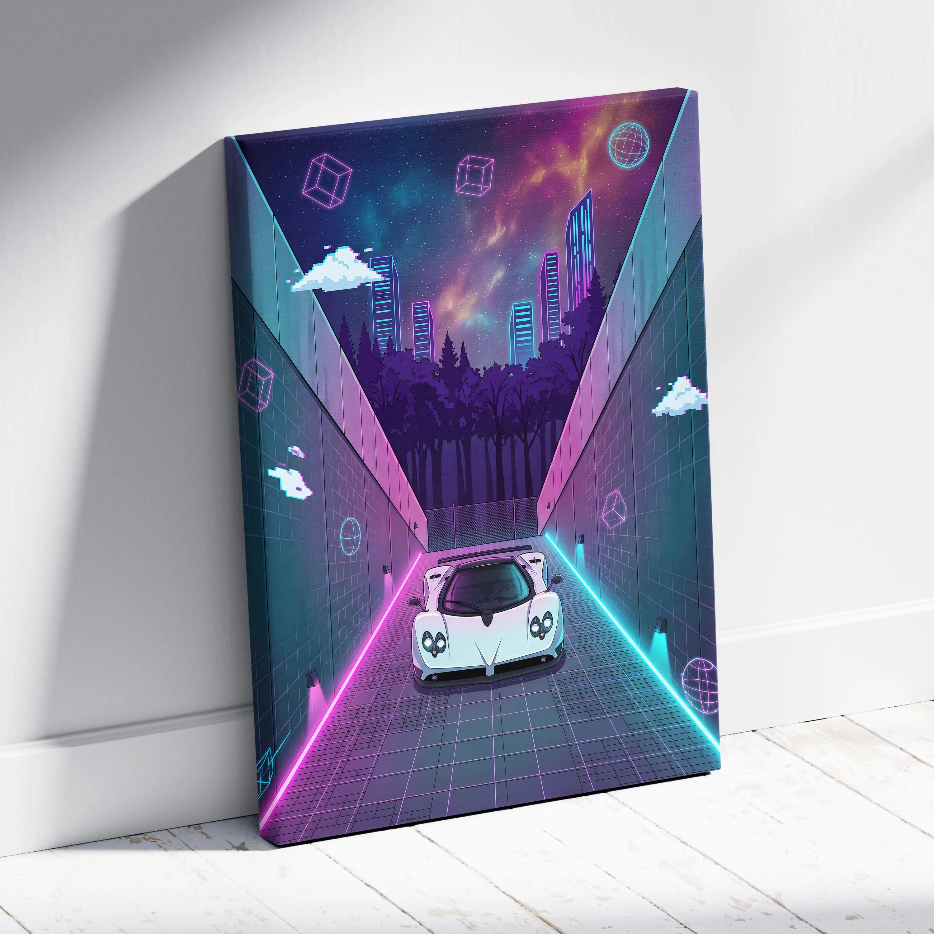 Pagani Zonda Inspired White Purple Canvas Wall Art Vaporwave Neon Alley Hypercar Artwork, Cyberpunk City Garage Decor