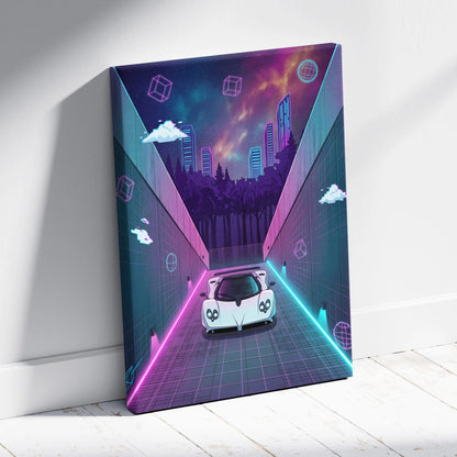 Pagani Zonda Inspired White Purple Canvas Wall Art Vaporwave Neon Alley Hypercar Artwork, Cyberpunk City Garage Decor