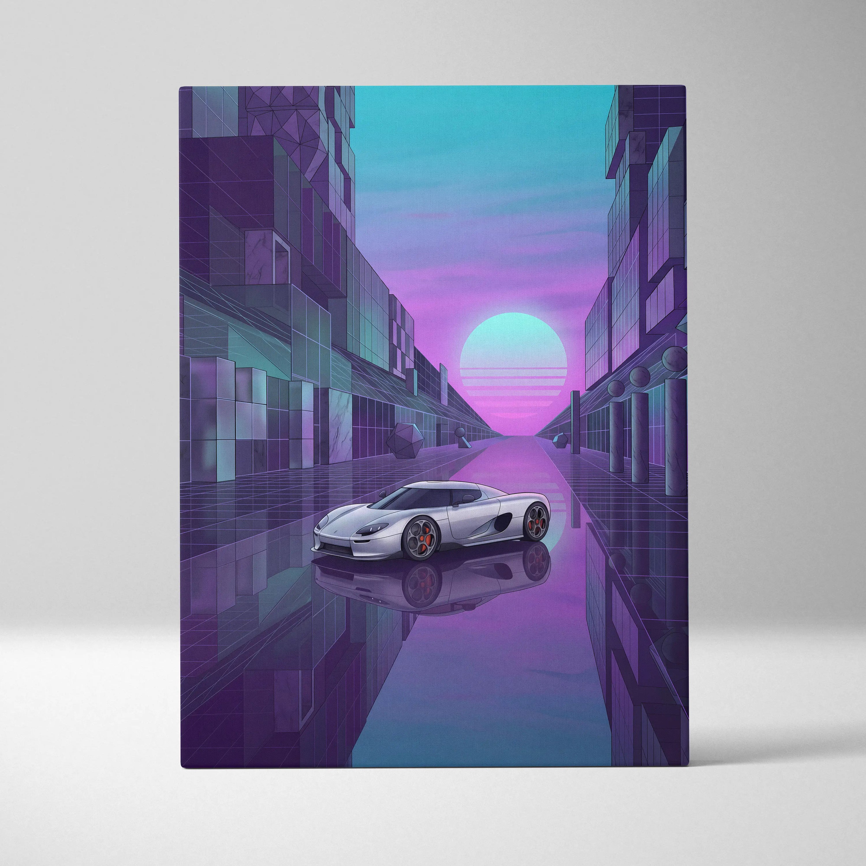 Koenigsegg CCX Inspired Silver Purple Canvas Wall Art Vaporwave Hypercar Artwork Neon City Garage Decor Retro Futuristic Supercar Print