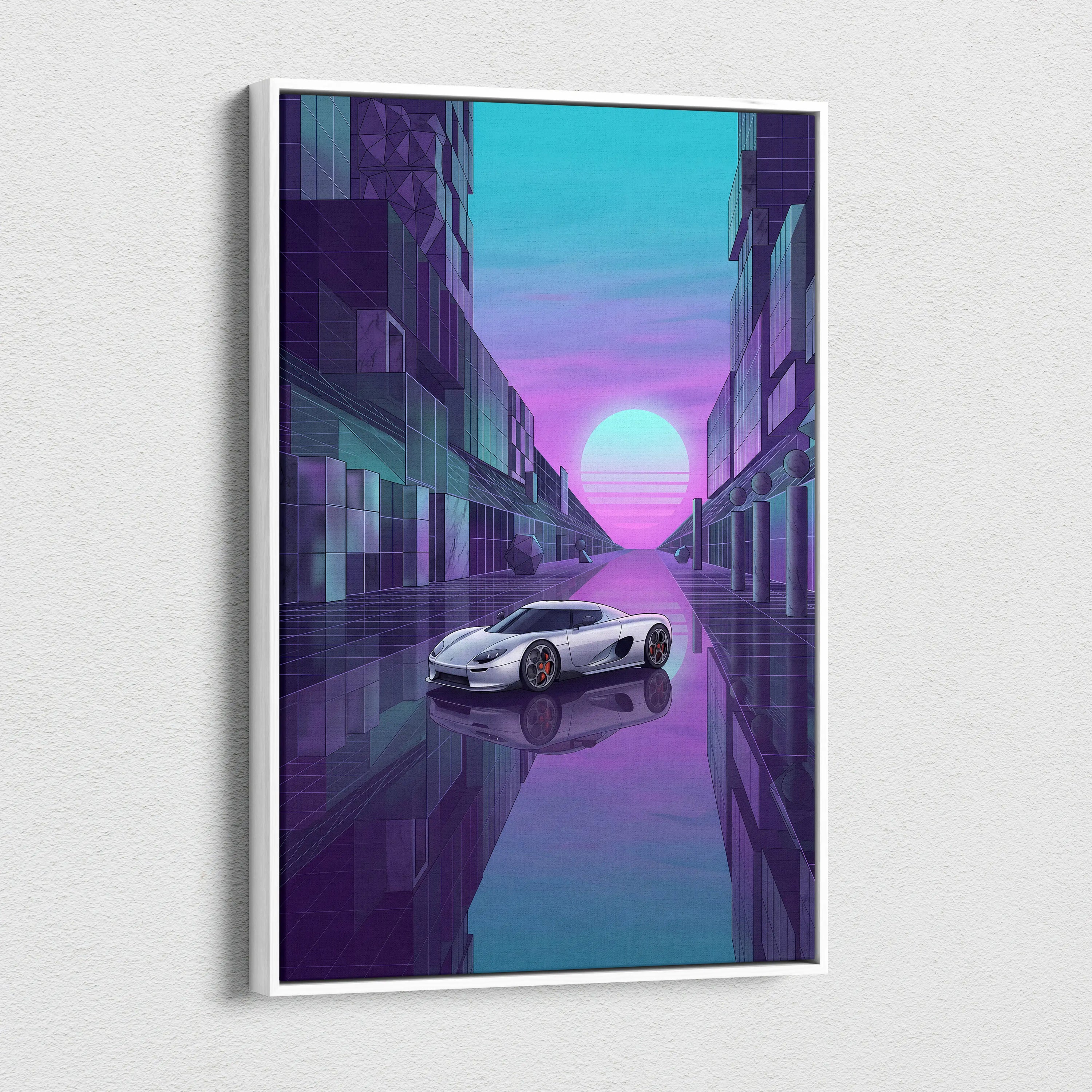 Koenigsegg CCX Inspired Silver Purple Canvas Wall Art Vaporwave Hypercar Artwork Neon City Garage Decor Retro Futuristic Supercar Print