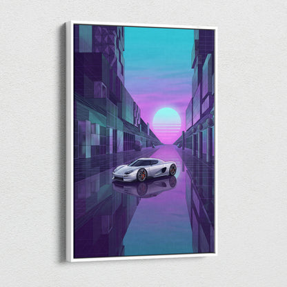 Koenigsegg CCX Inspired Silver Purple Canvas Wall Art Vaporwave Hypercar Artwork Neon City Garage Decor Retro Futuristic Supercar Print
