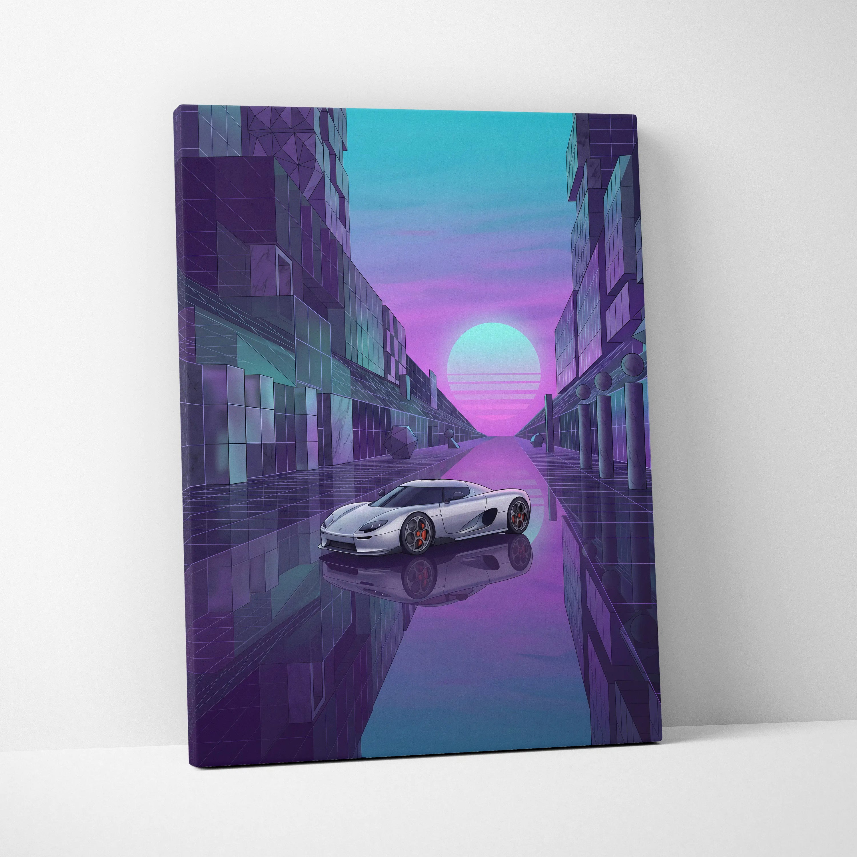 Koenigsegg CCX Inspired Silver Purple Canvas Wall Art Vaporwave Hypercar Artwork Neon City Garage Decor Retro Futuristic Supercar Print