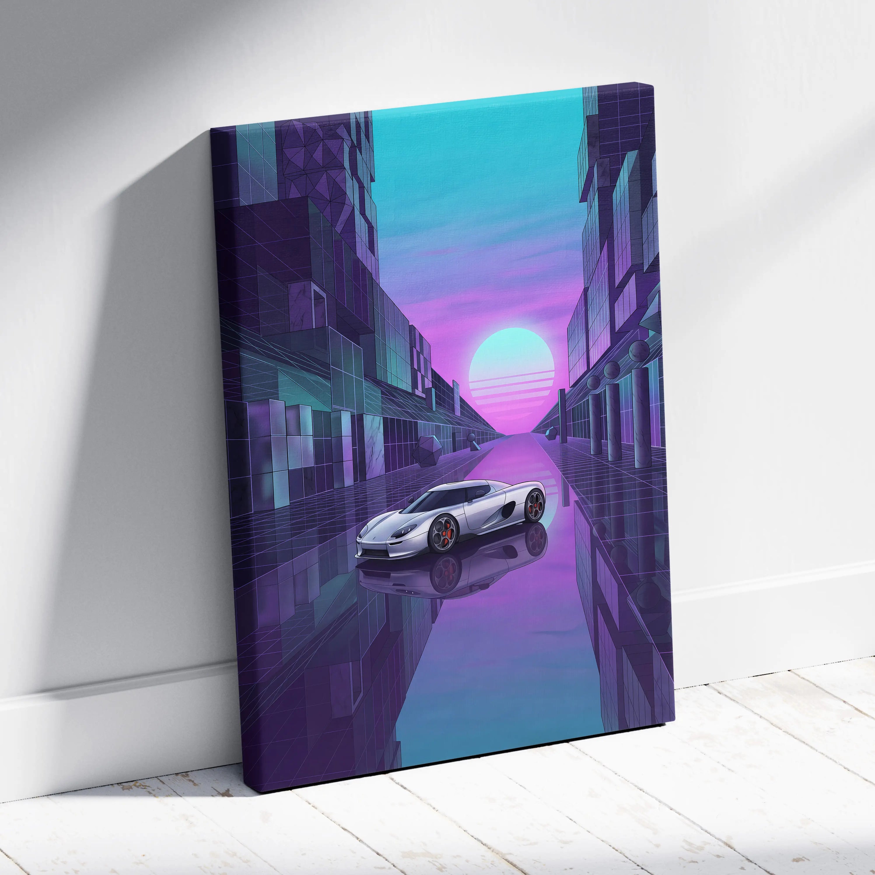 Koenigsegg CCX Inspired Silver Purple Canvas Wall Art Vaporwave Hypercar Artwork Neon City Garage Decor Retro Futuristic Supercar Print