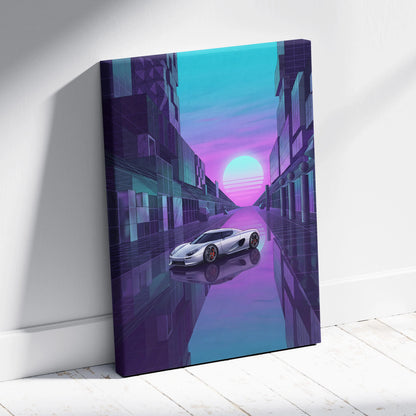 Koenigsegg CCX Inspired Silver Purple Canvas Wall Art Vaporwave Hypercar Artwork Neon City Garage Decor Retro Futuristic Supercar Print