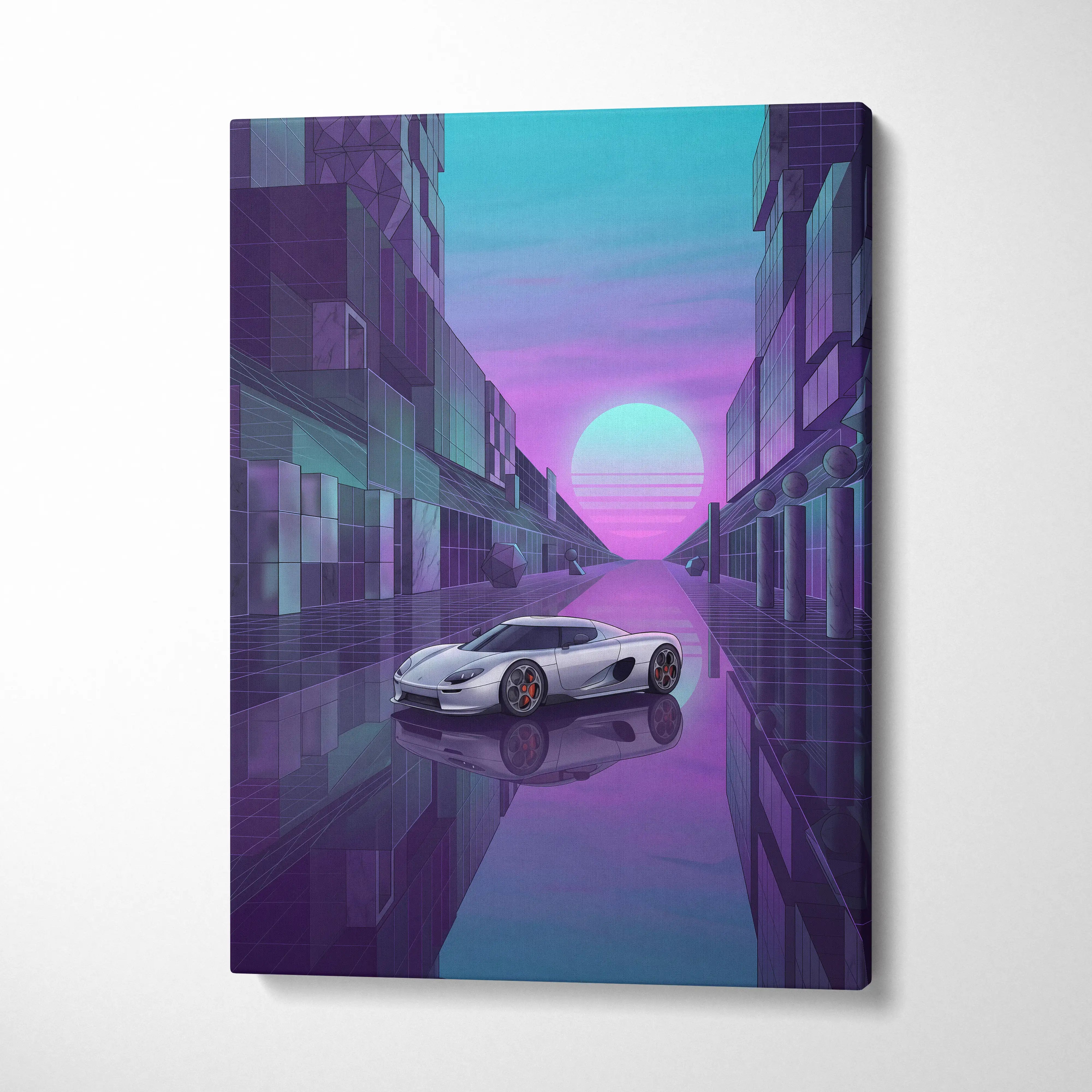 Koenigsegg CCX Inspired Silver Purple Canvas Wall Art Vaporwave Hypercar Artwork Neon City Garage Decor Retro Futuristic Supercar Print